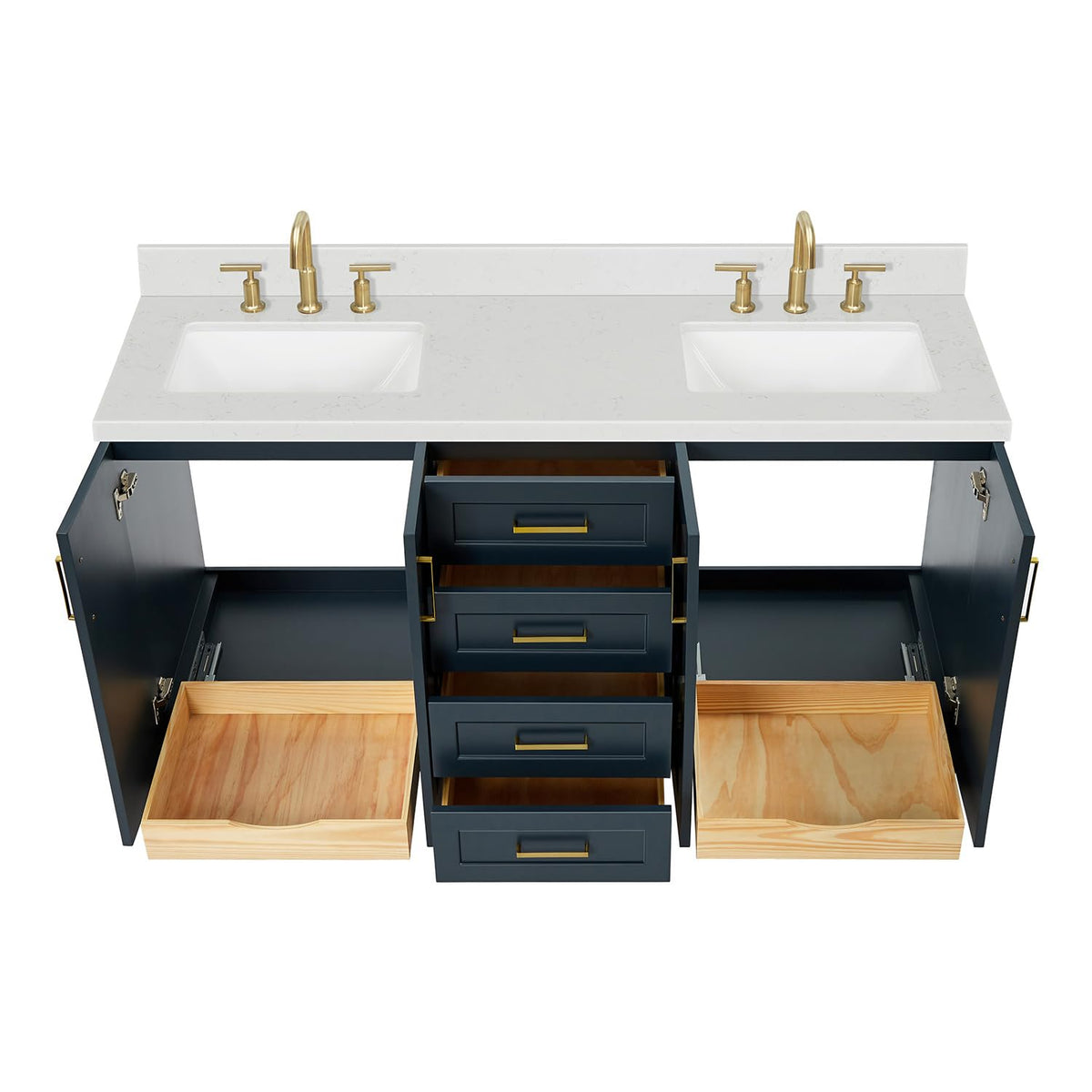DKB Isabella 66" White Double Bathroom Vanity with 1.5" Carrara Quartz Countertop, Double Rectangular Undermount Sinks, 4 Soft Closing Doors, 6 Dovetail Drawers