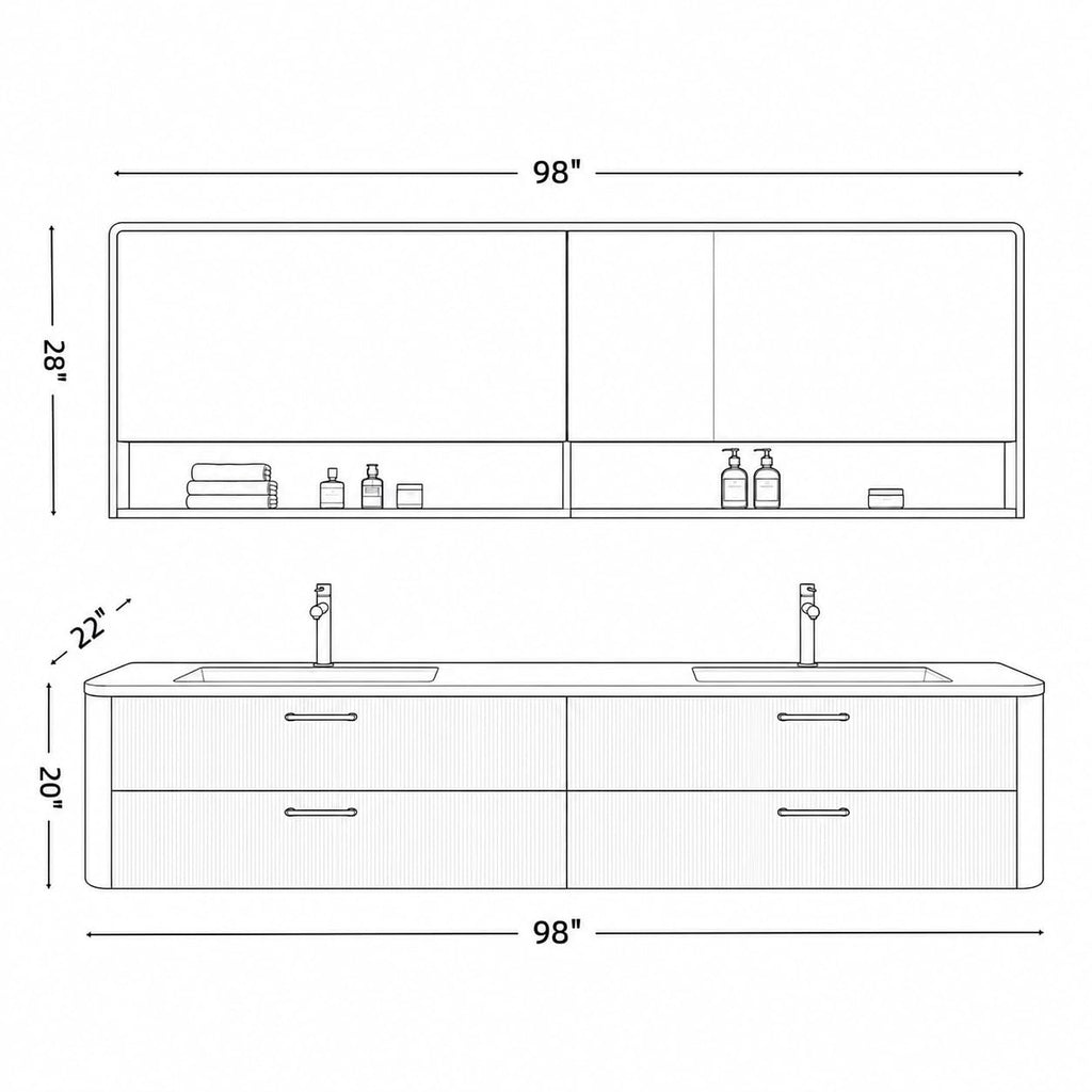 52 in Floating Double Bathroom Vanity with Vessel Sinks & LED Mirror Cabinet