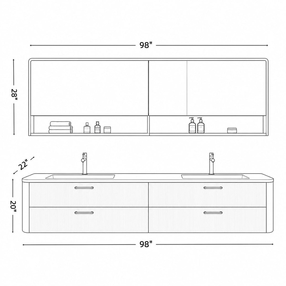 52 in Floating Double Bathroom Vanity with Vessel Sinks & LED Mirror Cabinet