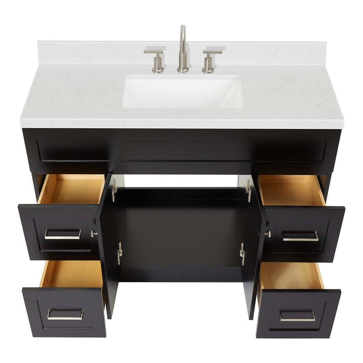 DKB Emilia 48-Inch Bathroom Vanity with Sink â Midnight Blue Single Sink Bathroom Vanity, 1.5" Edge Carrara Quartz Countertop, Solid Wood, 2 Soft Closing Doors, 9 Dovetail Drawers