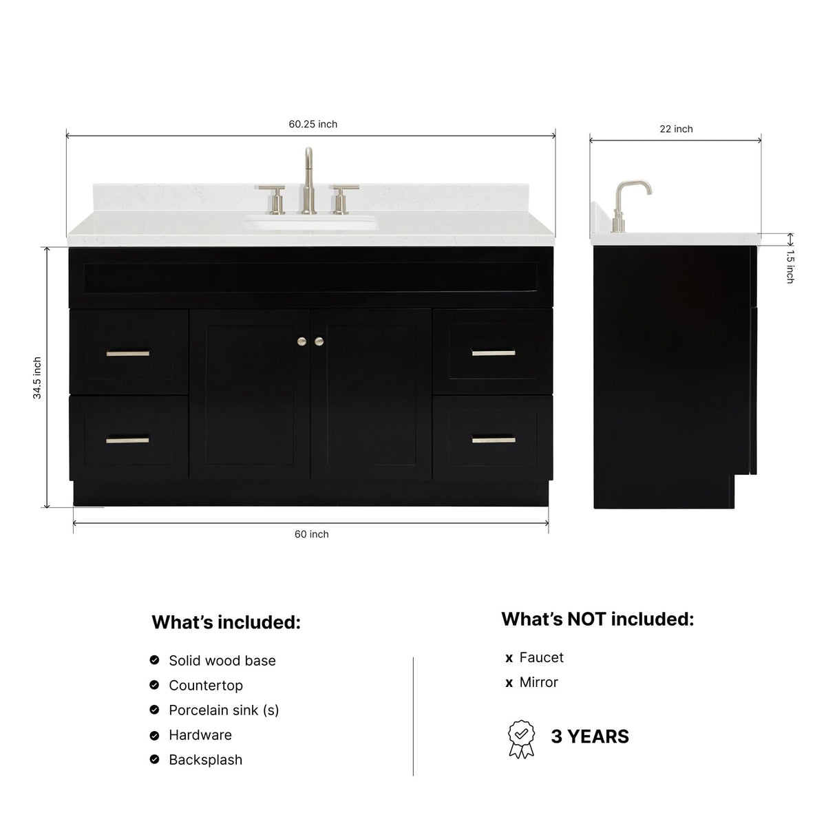 DKB Isabella 60 Inch Bathroom Vanity Single Sink â White Bathroom Vanity with Sink, 1.5" Edge Carrara White Quartz Countertop, Solid Wood, 2 Soft-Close Doors, 8 Dovetail Drawers + Tilt Drawer