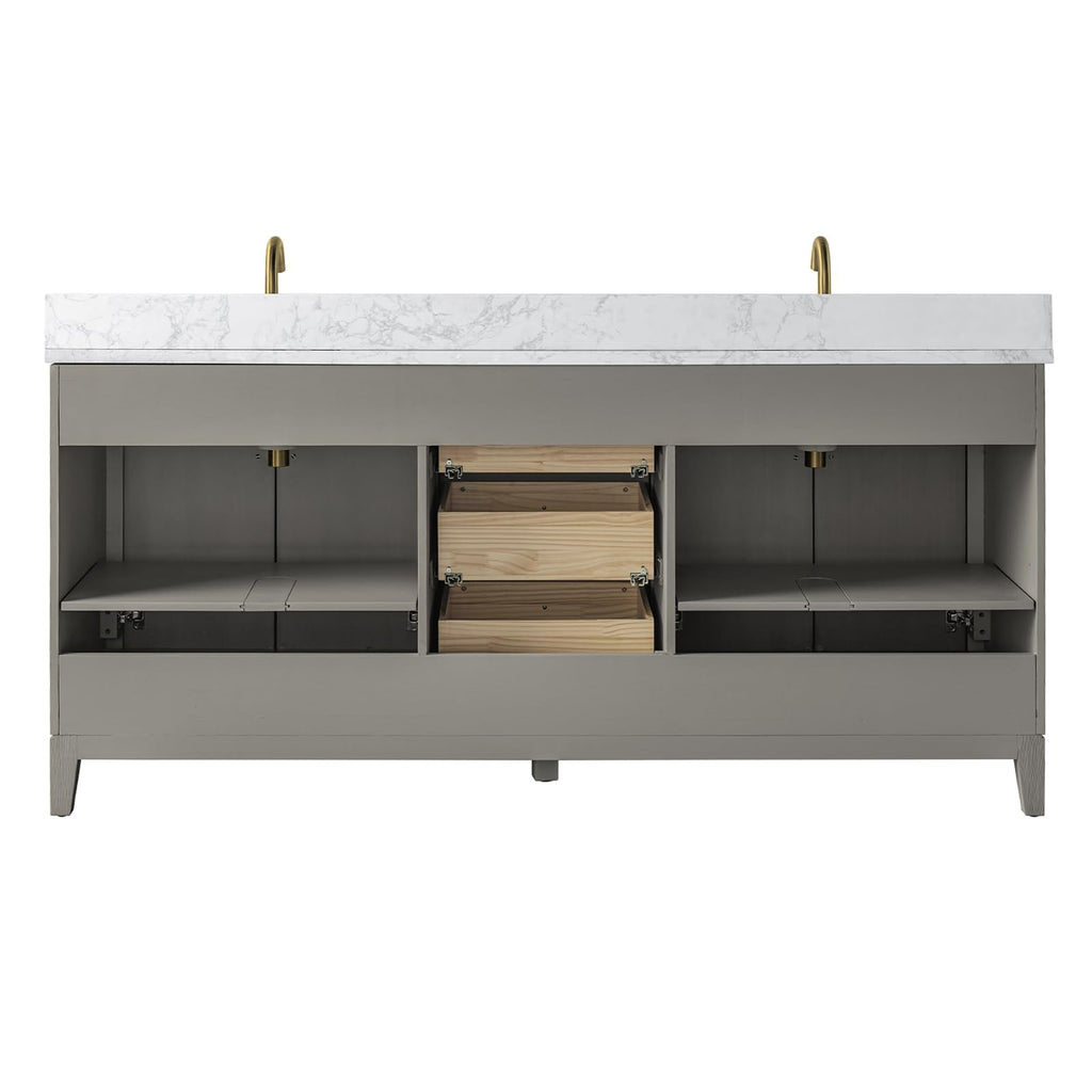 Vanity Art 72" Bathroom Vanity with Double Sink & Arabescato White Engineered Stone Top, Vanity Cabinet with Soft Closing Door, Solid Wood Frame, Golden Brushed Handles, Walnut VA8172D-Walnut-GB