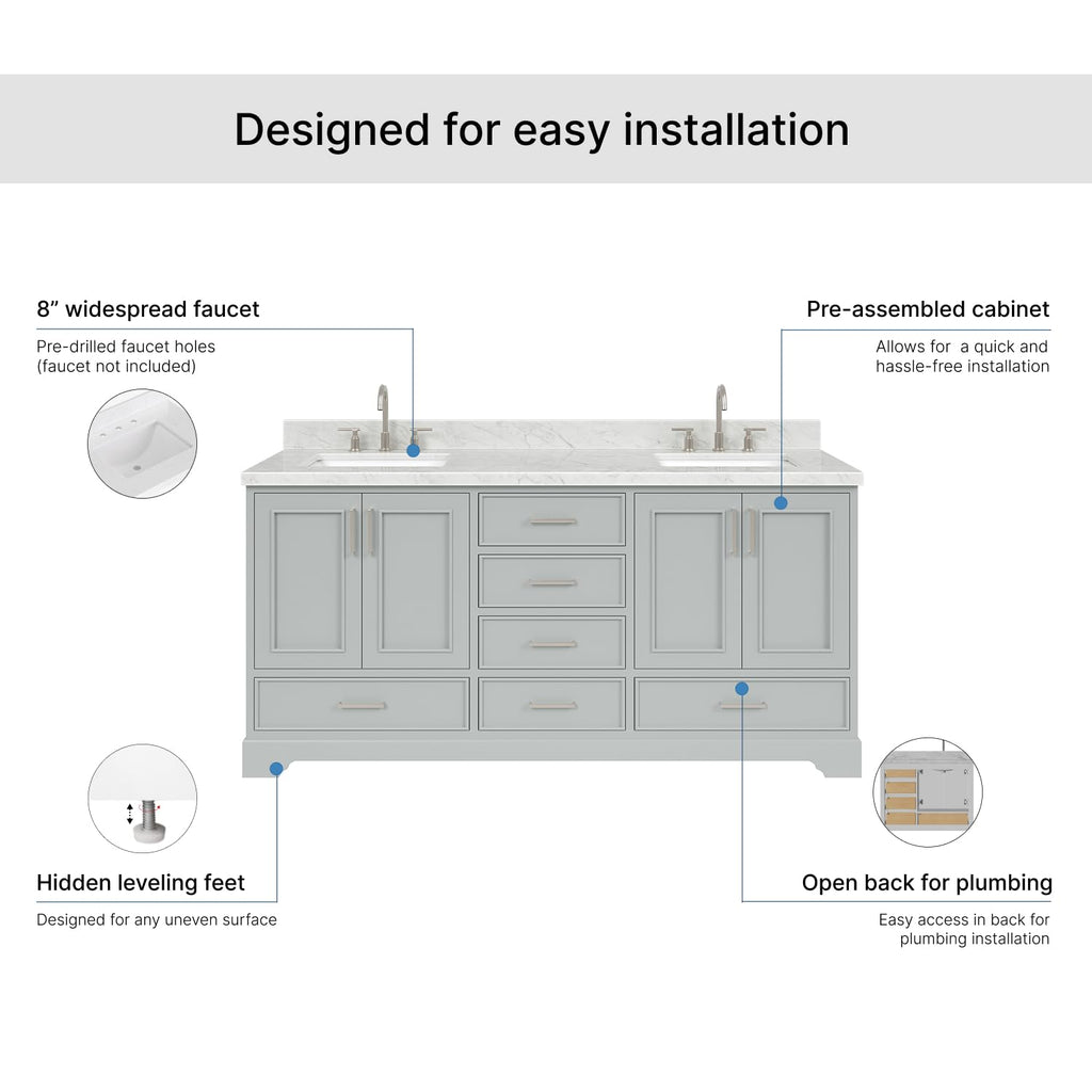 DKB Isabella 72" Oak Double Bathroom Vanity with Sink, 1.5" Carrara White Marble Countertop, Rectangle Undermount Sinks, 4 Soft Closing Doors, 6 Dovetail Drawers