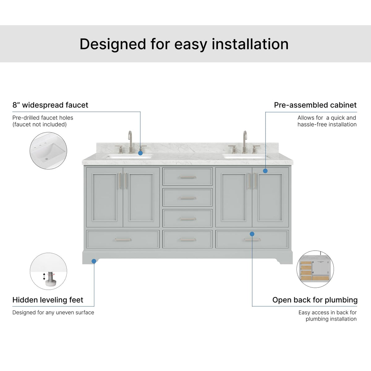 DKB Isabella 72" Oak Double Bathroom Vanity with Sink, 1.5" Carrara White Marble Countertop, Rectangle Undermount Sinks, 4 Soft Closing Doors, 6 Dovetail Drawers