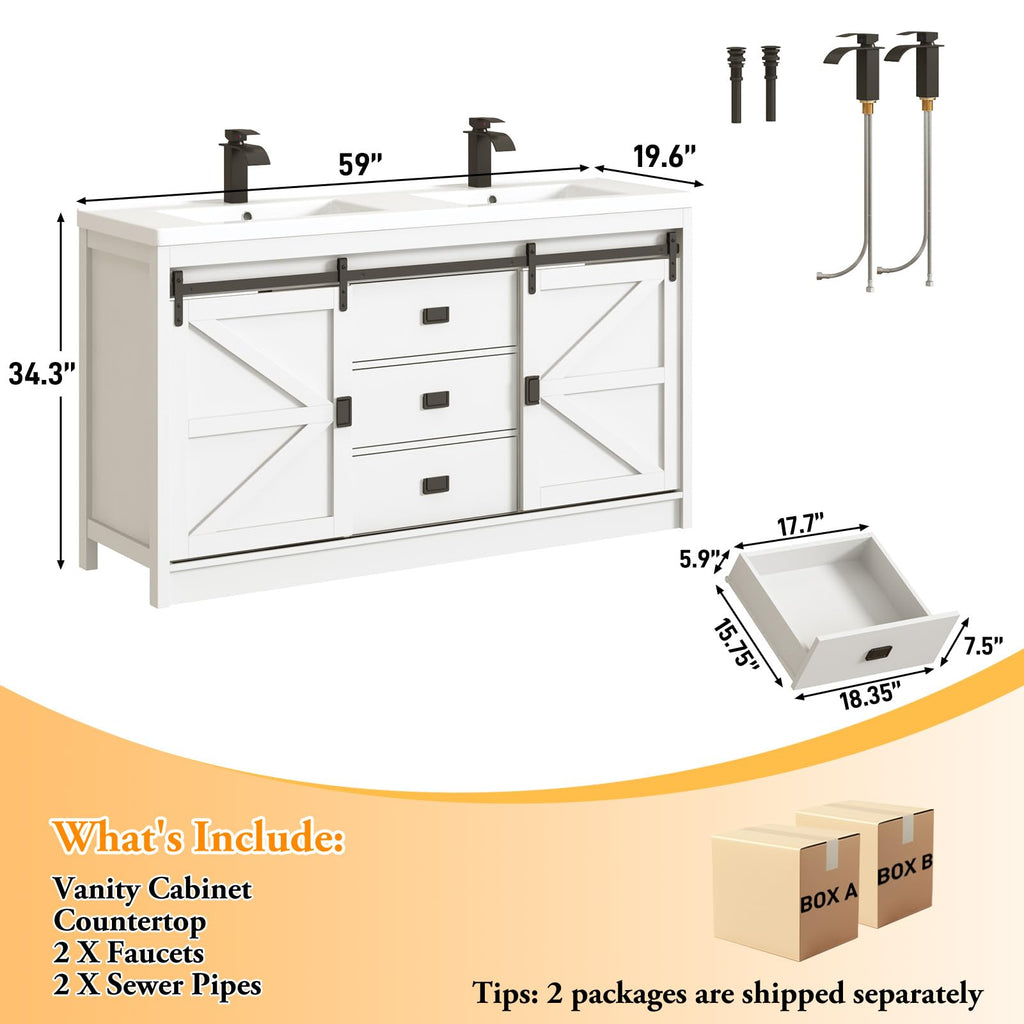 Double Bathroom Vanity with Sink & Faucet & Sewer Pipes,59" Farmhouse Bathroom Vanity Cabinet Set with 3 Storage Drawers & Sliding Barn Door,Double Sink Vanities With Metal Handle(Rustic Grey)