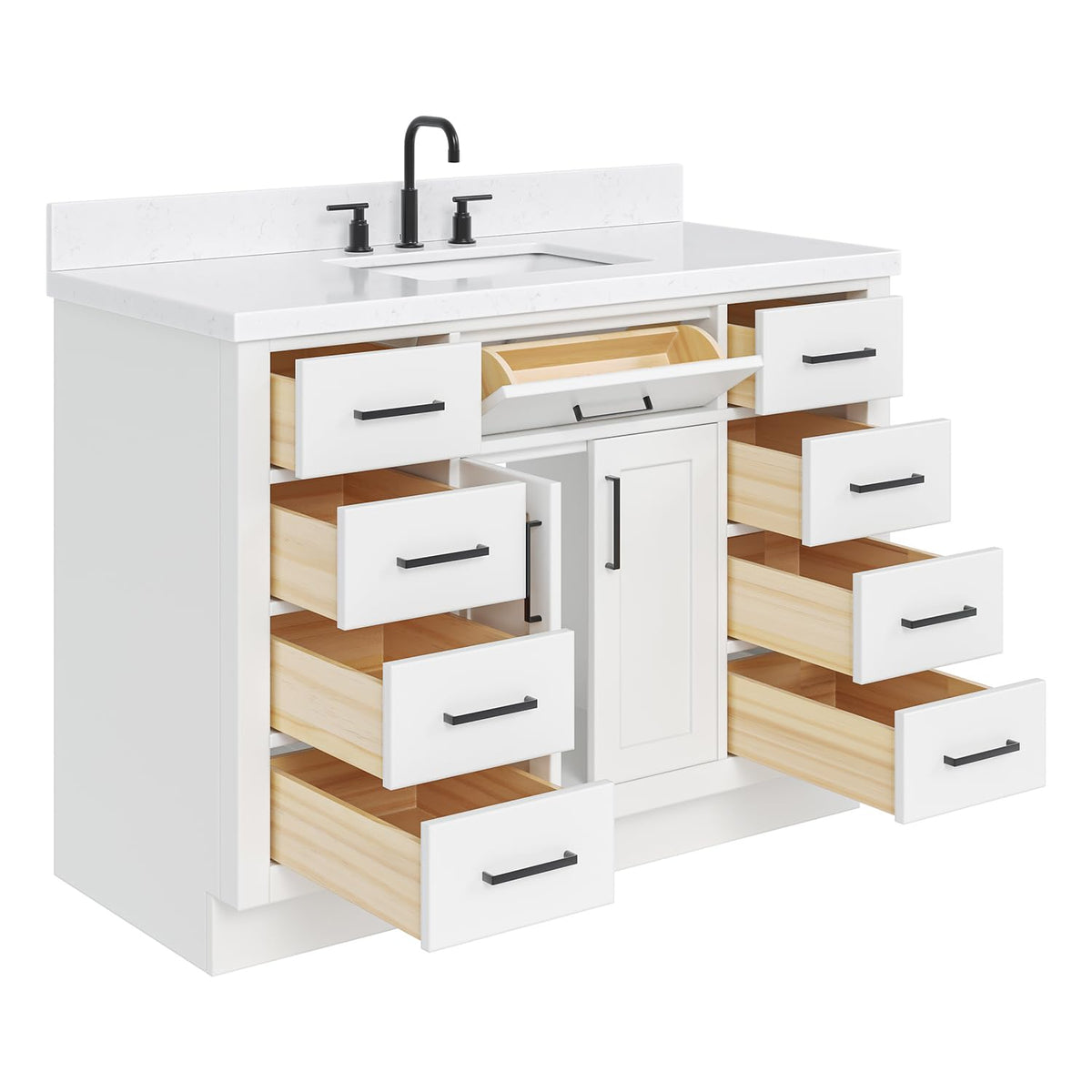 DKB Emilia 48-Inch Bathroom Vanity with Sink â Midnight Blue Single Sink Bathroom Vanity, 1.5" Edge Carrara Quartz Countertop, Solid Wood, 2 Soft Closing Doors, 9 Dovetail Drawers
