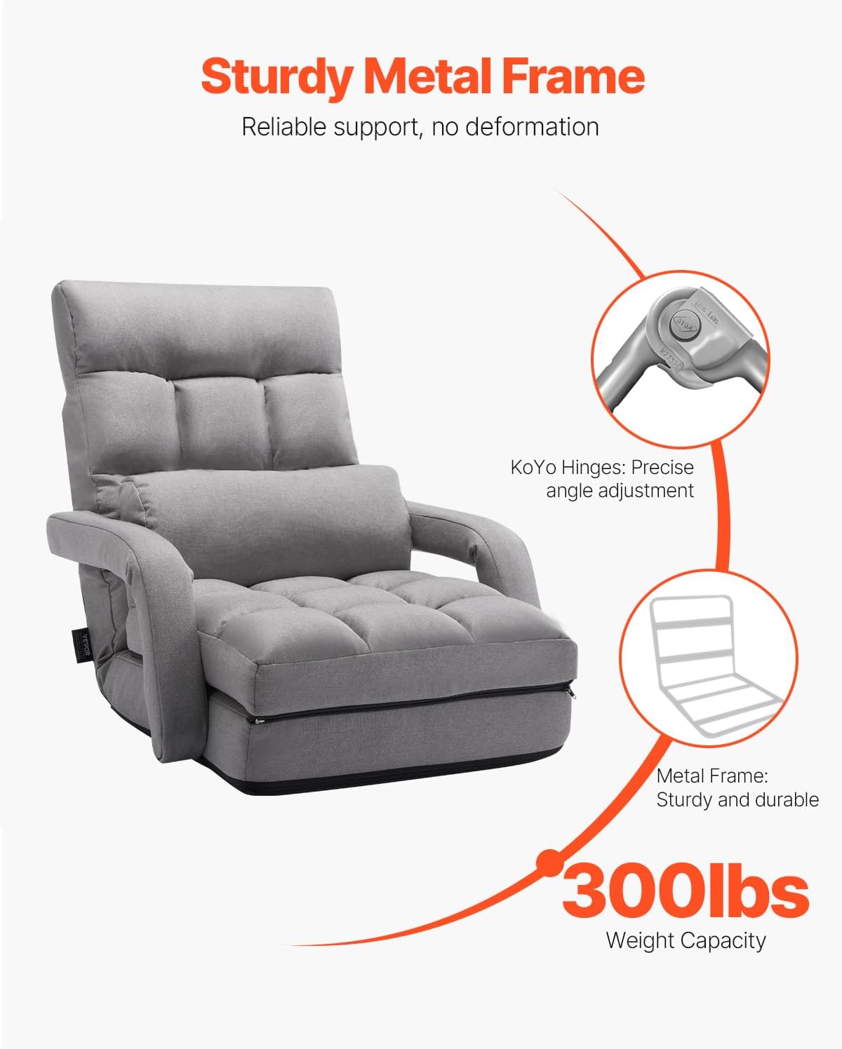 VEVOR Floor Chair, Floor Gaming Chair with 5 Adjustable Position and Back Support, Folding Lounge Chair with Armrest for Adults, Sofa Lounger with Comfy Cushion for Living Room and Bedroom, Gray