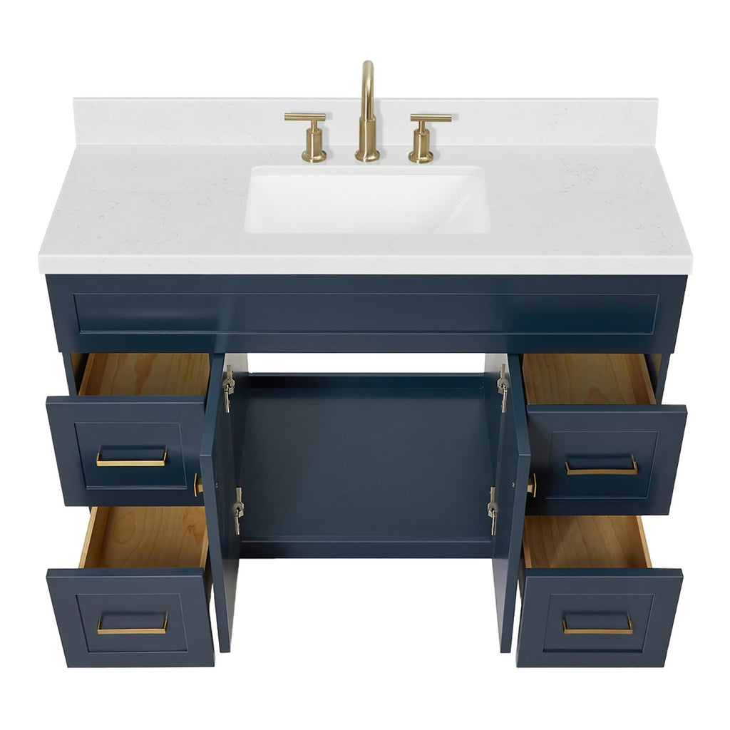DKB Emilia 48-Inch Bathroom Vanity with Sink â Midnight Blue Single Sink Bathroom Vanity, 1.5" Edge Carrara Quartz Countertop, Solid Wood, 2 Soft Closing Doors, 9 Dovetail Drawers
