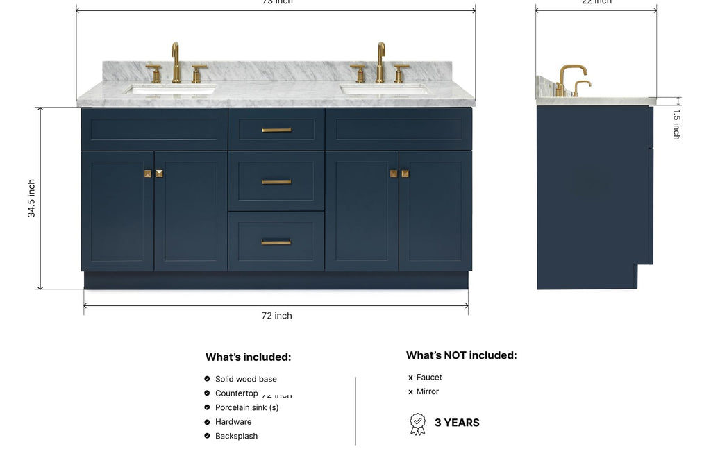 DKB Isabella 72" Oak Double Bathroom Vanity with Sink, 1.5" Carrara White Marble Countertop, Rectangle Undermount Sinks, 4 Soft Closing Doors, 6 Dovetail Drawers