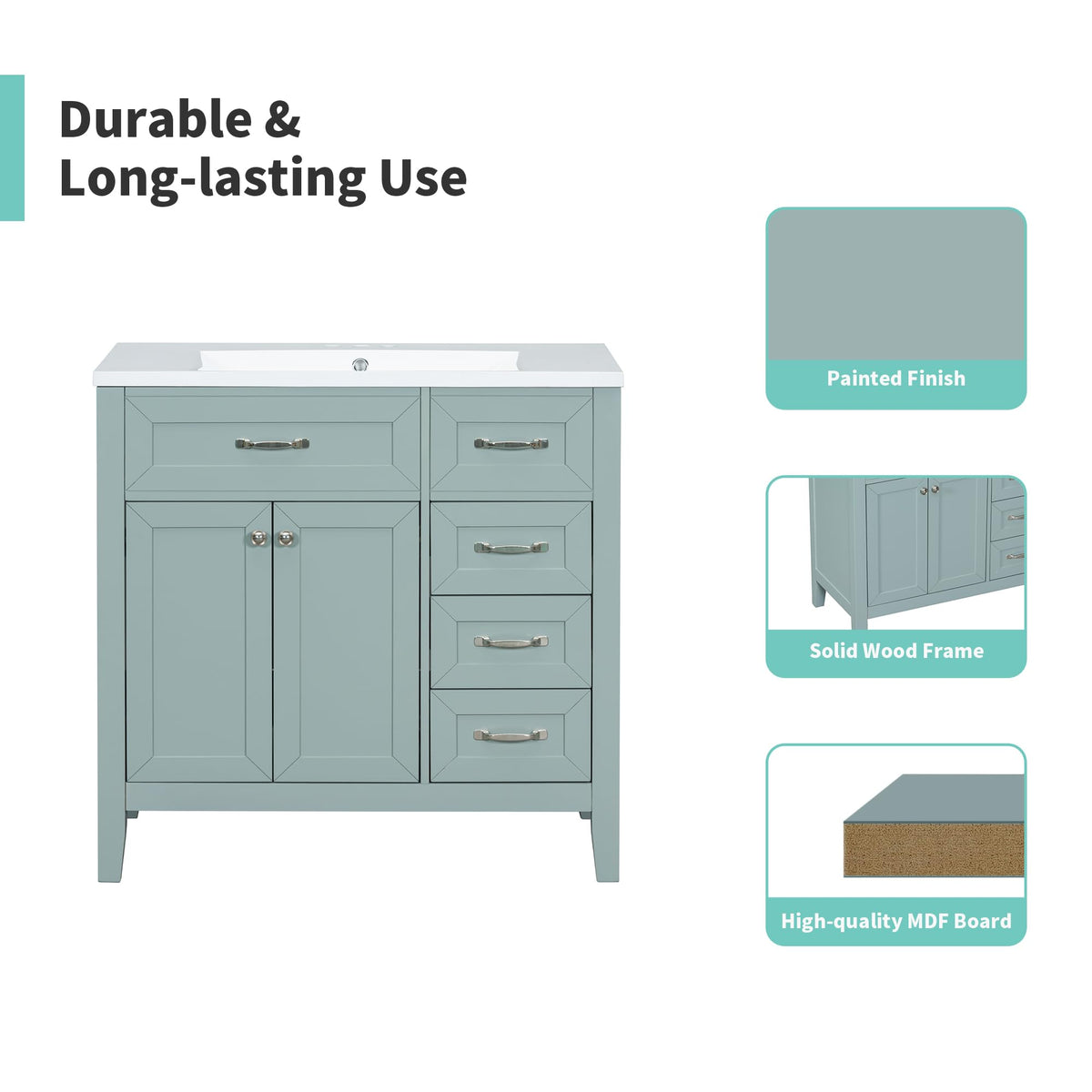 36 Inch Bathroom Vanities with Undermount Ceramic Sink, Storage Cabinet with Soft Closing Doors and Three Drawers, Solid Wood Frame, Natural Wood