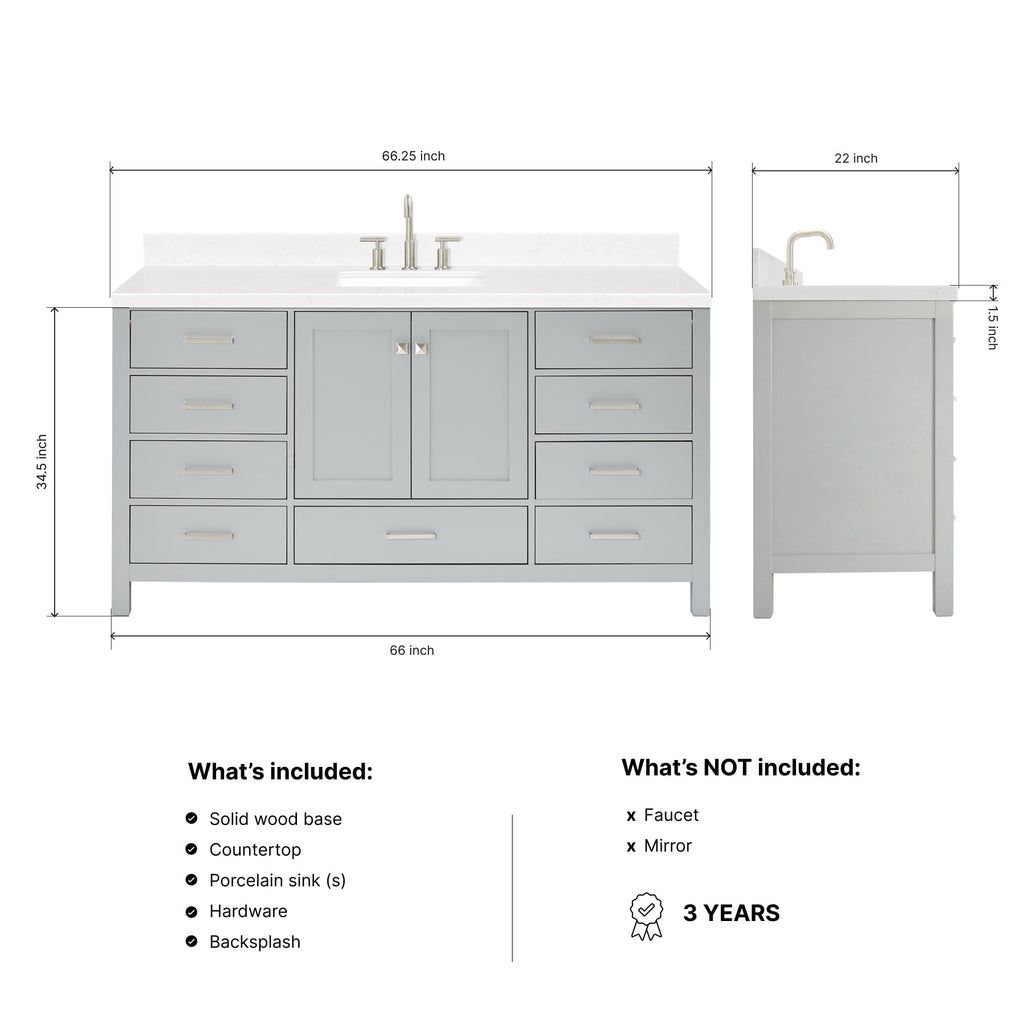 ARIEL Cambridge 66-inch Bathroom Vanity with Sink,Solid Wood, 1.5-inch Italian Carrara Marble Countertop, Single Rectangular Porcelain Sink, 2 Soft Closing Doors, 9 Dovetail Drawers, Midnight Blue