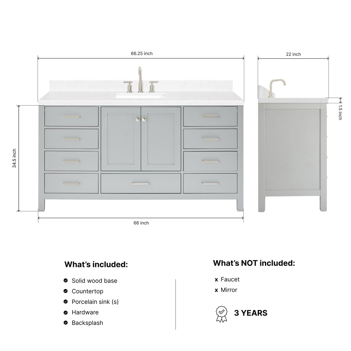 ARIEL Cambridge 66-inch Bathroom Vanity with Sink,Solid Wood, 1.5-inch Italian Carrara Marble Countertop, Single Rectangular Porcelain Sink, 2 Soft Closing Doors, 9 Dovetail Drawers, Midnight Blue