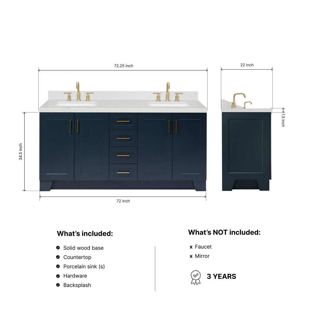 DKB Emilia 72 Inch Bathroom Vanity Double Sink â White Bathroom Vanity with Sink, 1.5" Edge Carrara White Quartz Countertop & Backsplash, 4 Soft-Close Doors, and 6 Dovetail Drawers