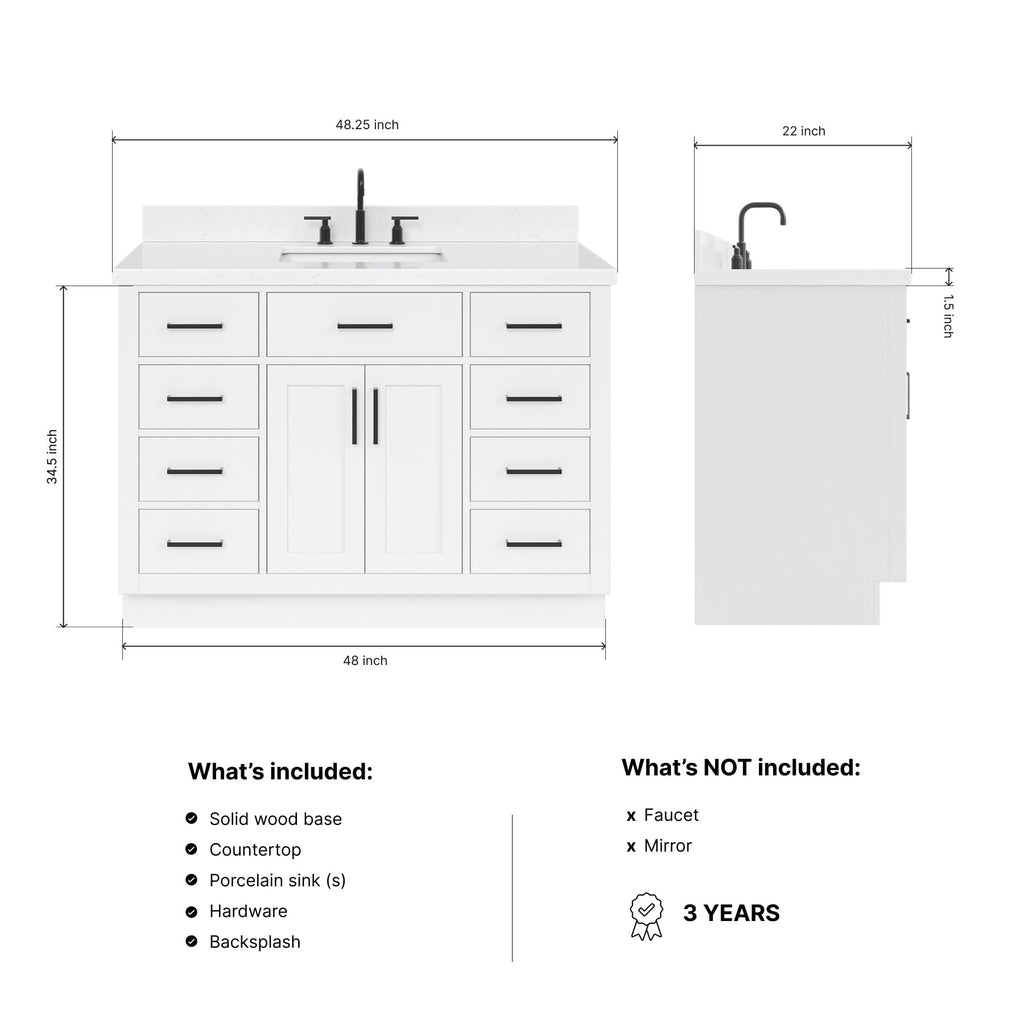 DKB Emilia 48-Inch Bathroom Vanity with Sink â Midnight Blue Single Sink Bathroom Vanity, 1.5" Edge Carrara Quartz Countertop, Solid Wood, 2 Soft Closing Doors, 9 Dovetail Drawers