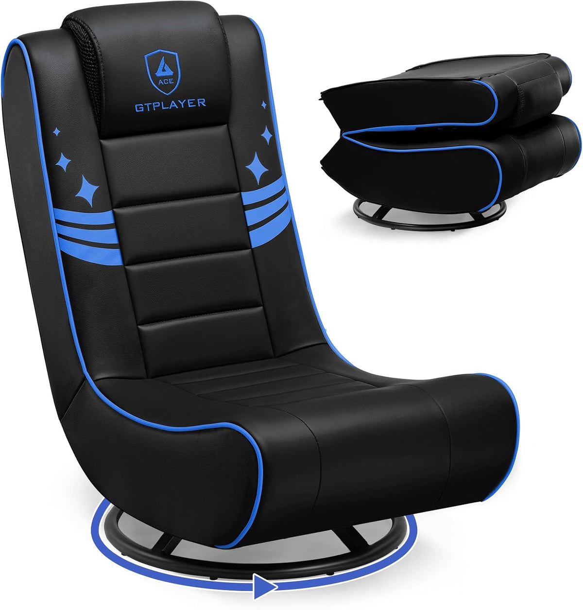 GTPLAYER Floor Gaming Chair Foldable Swivel Floor Chairs for Kids Boys Comfy Video Game Seat with 360Â° Multipurpose for Gamers, Bedroom or Game Room(Black-Blue)