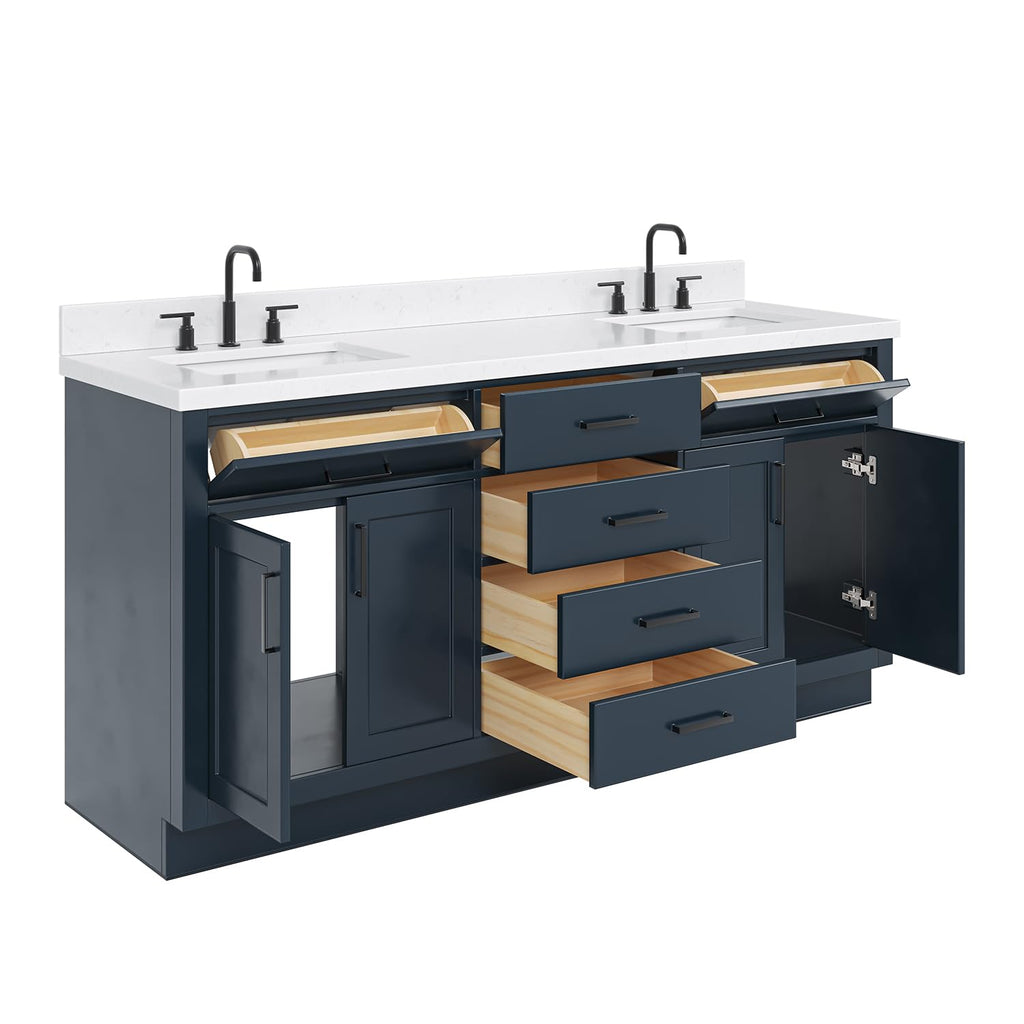 DKB Emilia 72 Inch Bathroom Vanity Double Sink â White Bathroom Vanity with Sink, 1.5" Edge Carrara White Quartz Countertop & Backsplash, 4 Soft-Close Doors, and 6 Dovetail Drawers