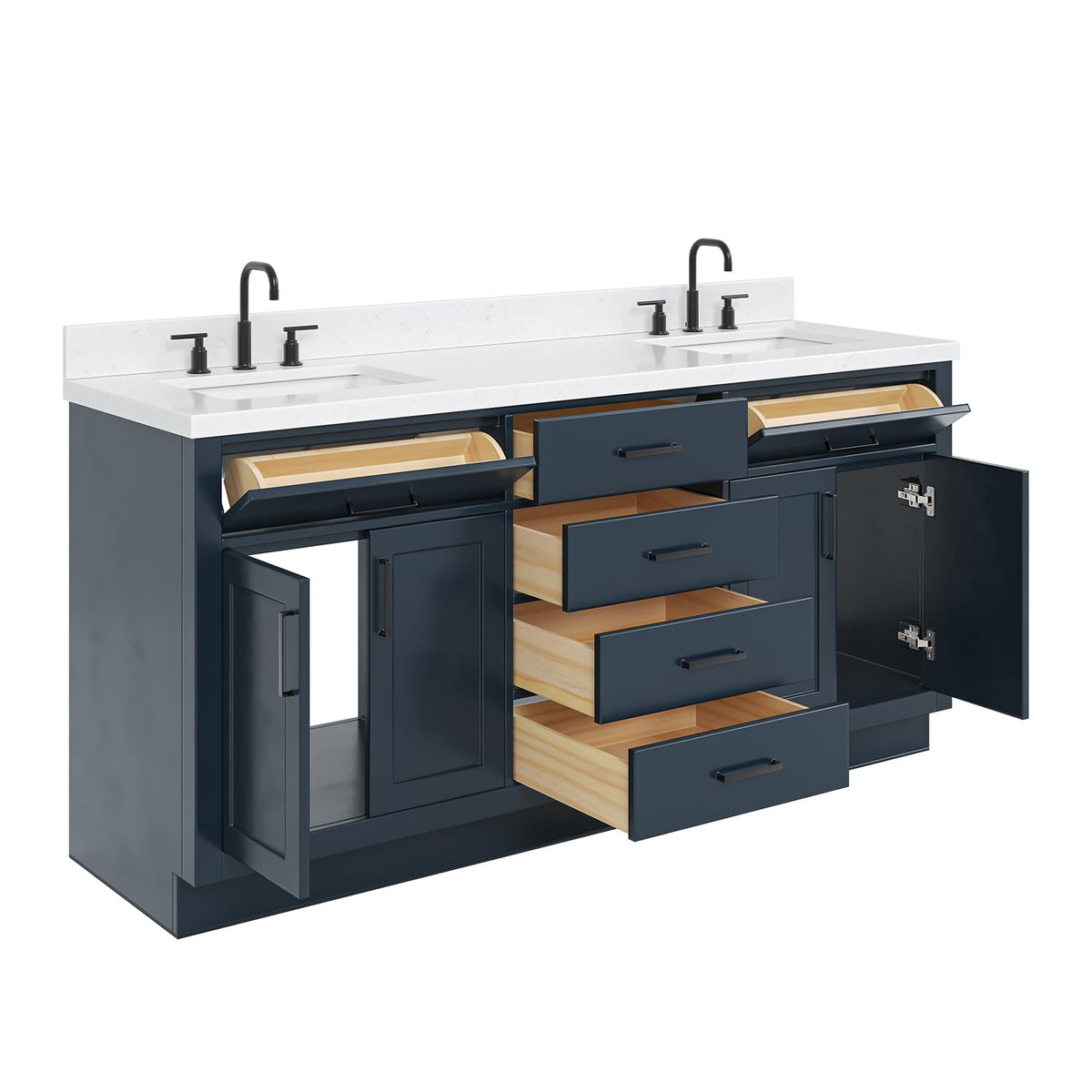 DKB Emilia 72 Inch Bathroom Vanity Double Sink â White Bathroom Vanity with Sink, 1.5" Edge Carrara White Quartz Countertop & Backsplash, 4 Soft-Close Doors, and 6 Dovetail Drawers