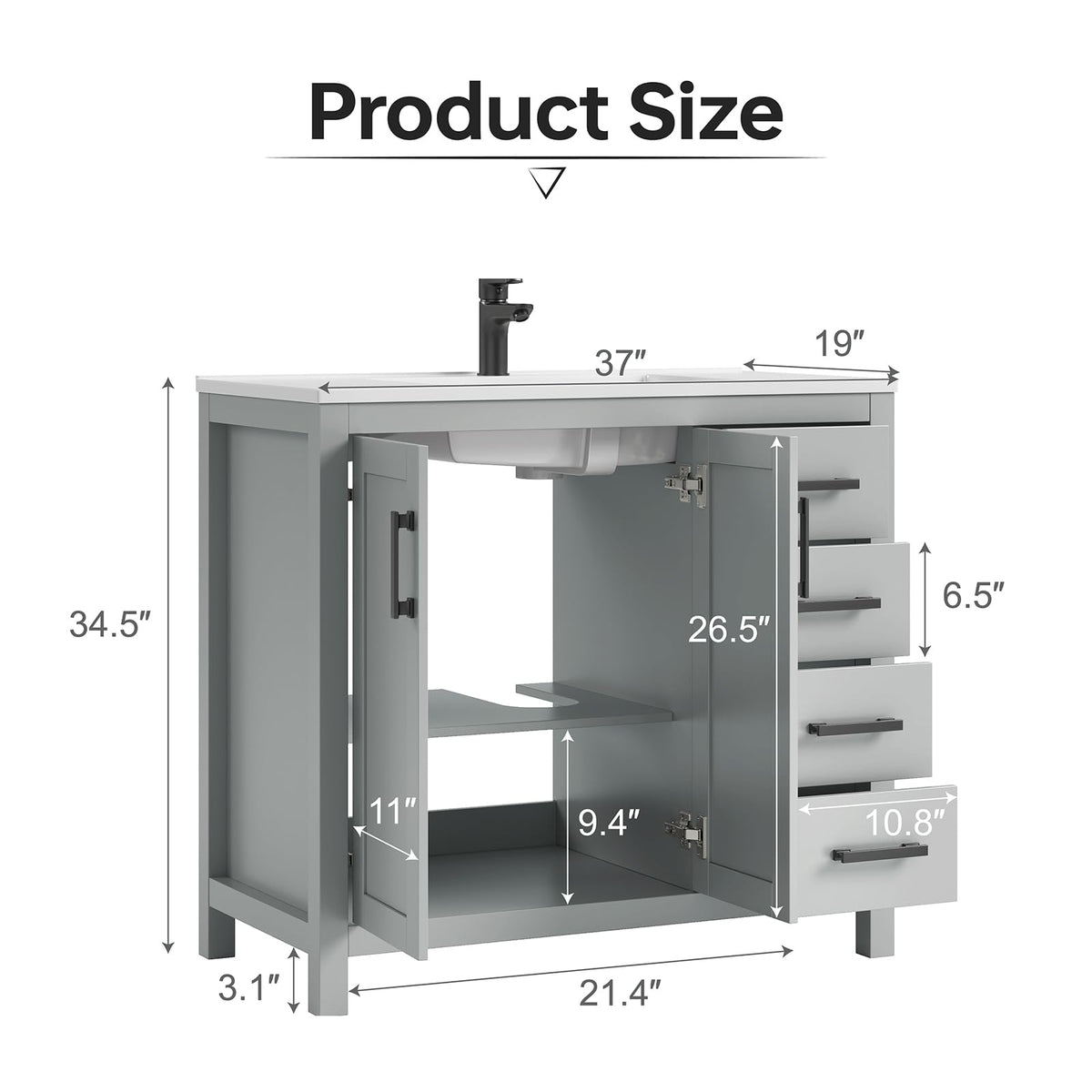 36 Inch Modern Bathroom Vanity with Sink, Black