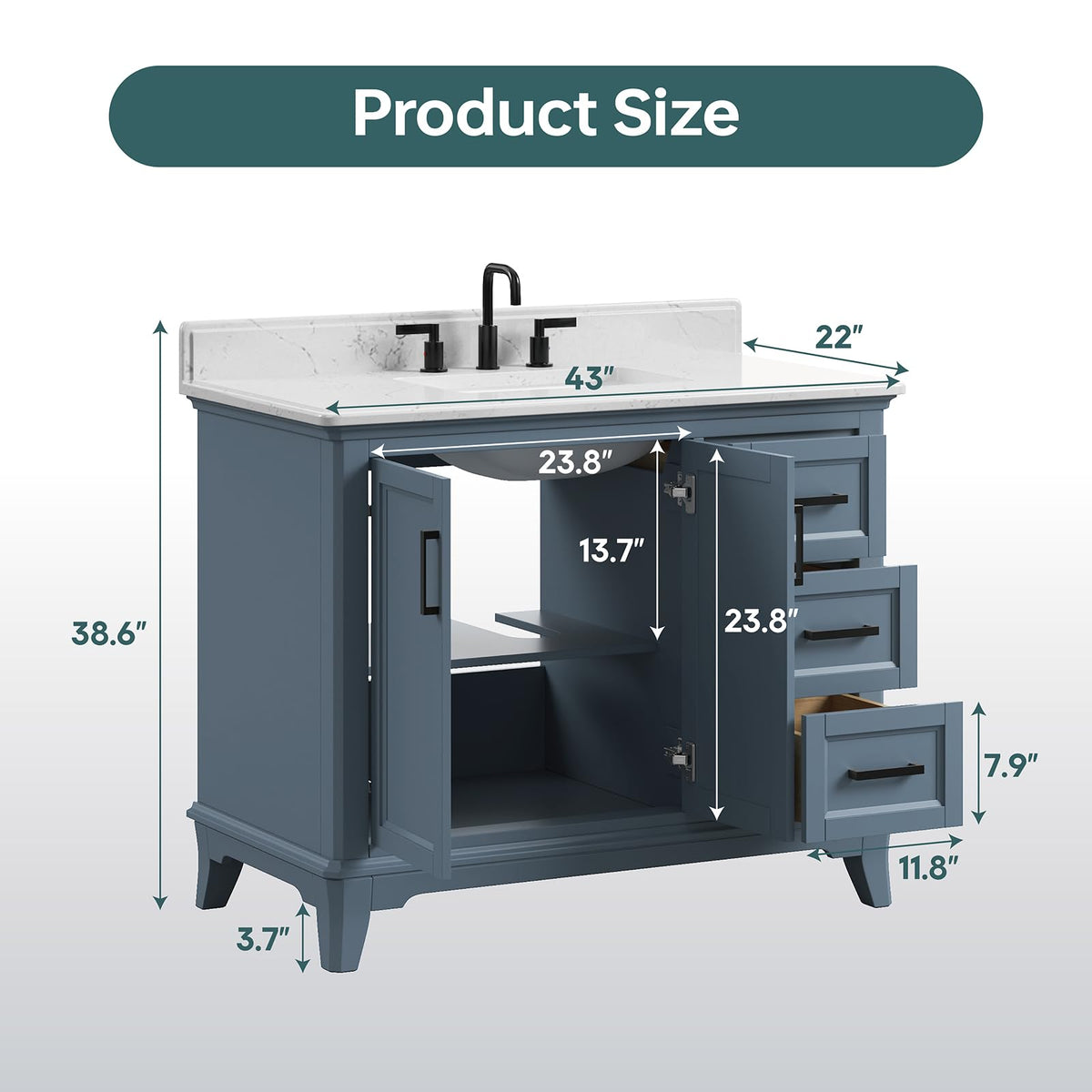 60 Inch Bathroom Vanity Double Sink, Steel Blue