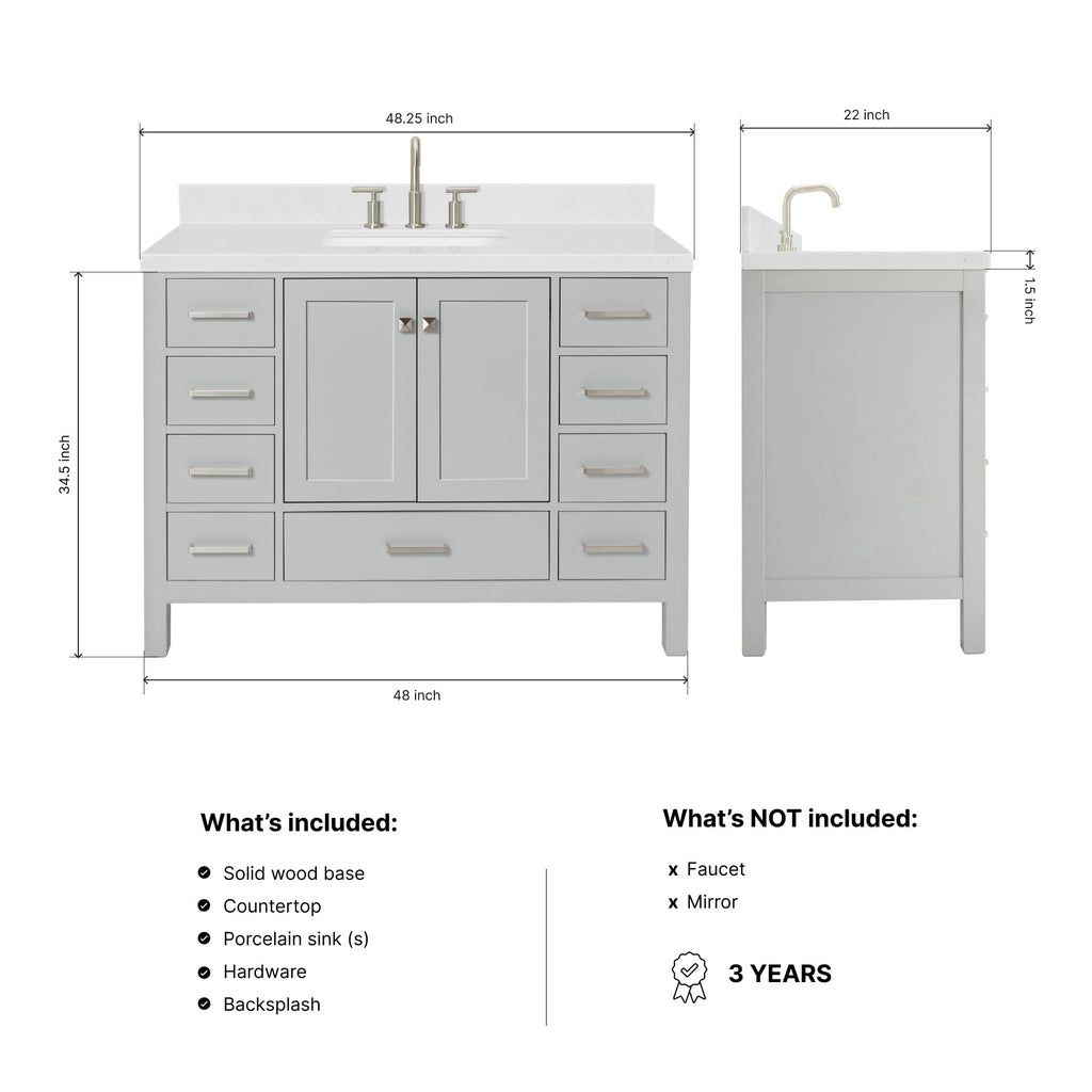 DKB Emilia 48-Inch Bathroom Vanity with Sink â Midnight Blue Single Sink Bathroom Vanity, 1.5" Edge Carrara Quartz Countertop, Solid Wood, 2 Soft Closing Doors, 9 Dovetail Drawers