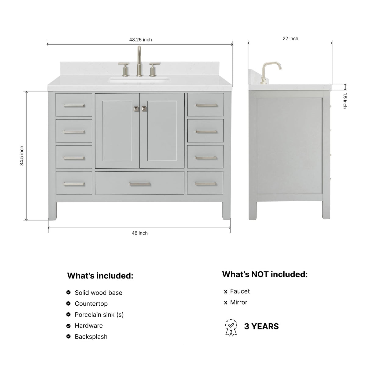 DKB Emilia 48-Inch Bathroom Vanity with Sink â Midnight Blue Single Sink Bathroom Vanity, 1.5" Edge Carrara Quartz Countertop, Solid Wood, 2 Soft Closing Doors, 9 Dovetail Drawers