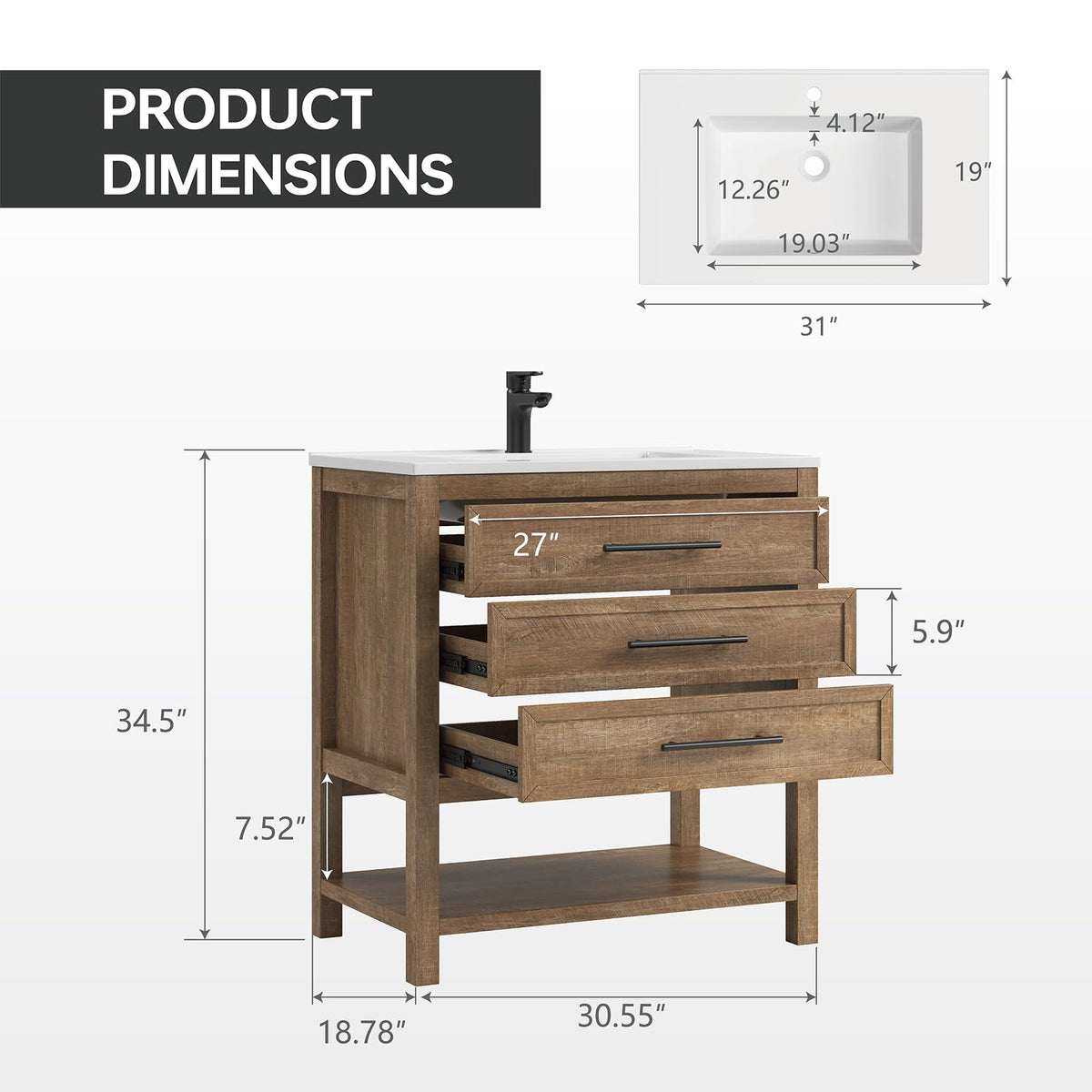 42 Inch Bathroom Vanity with Sink, Fully-Assembled, Walnut