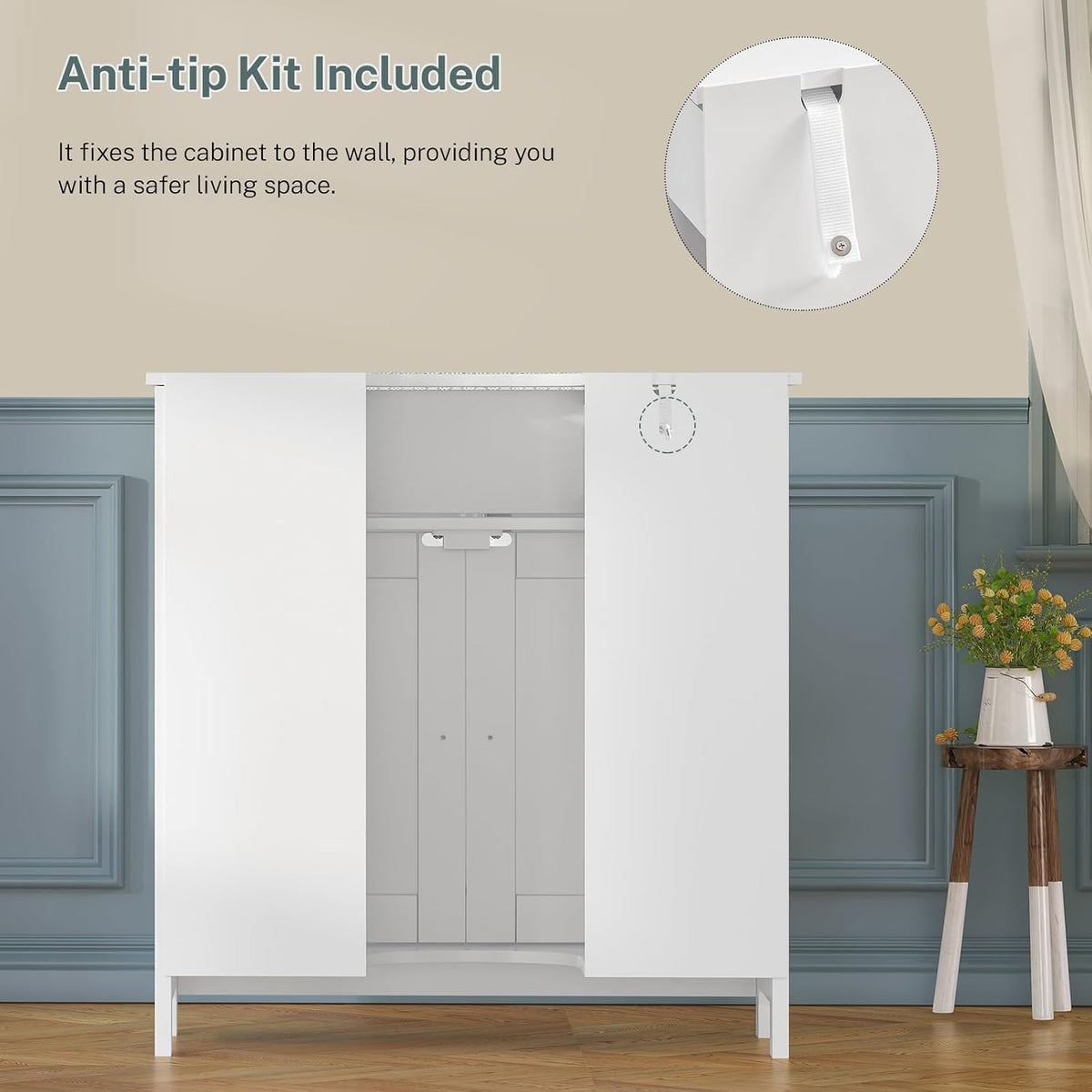 TEENFON Pedestal Sink Storage Cabinet with 2 Doorsand Drawer, Bathroom Sink Cabinet, Under Sink Storage with U-Shape Cut-Out, White
