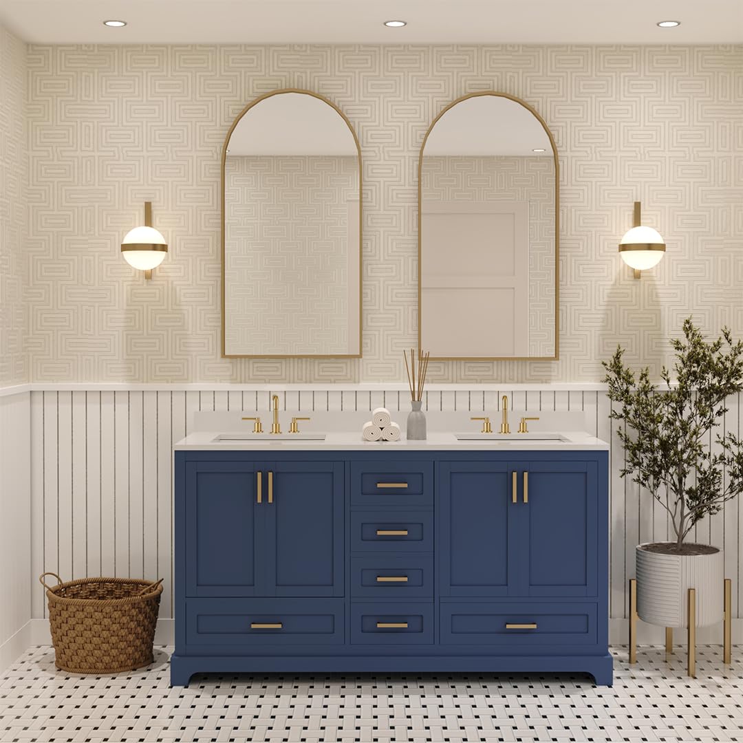 Ayna Decors Maya 72 Inch Double Vanity with Sink and Pre Drilled Faucet Holes Quartz Top in Charcoal Grey, Freestanding Bathroom Vanities with Soft Close Doors and Drawers - Brushed Gold Hardware