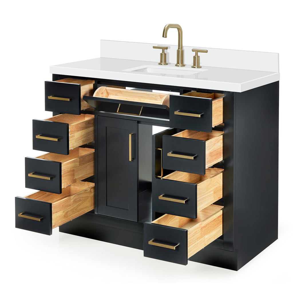 DKB Beckford 42-Inch White Bathroom Vanity with Sink, Solid Wood Base Cabinet, 1.5" White Quartz Countertop, Rectangular Sink, 2 Soft Closing Doors, 9 Drawers