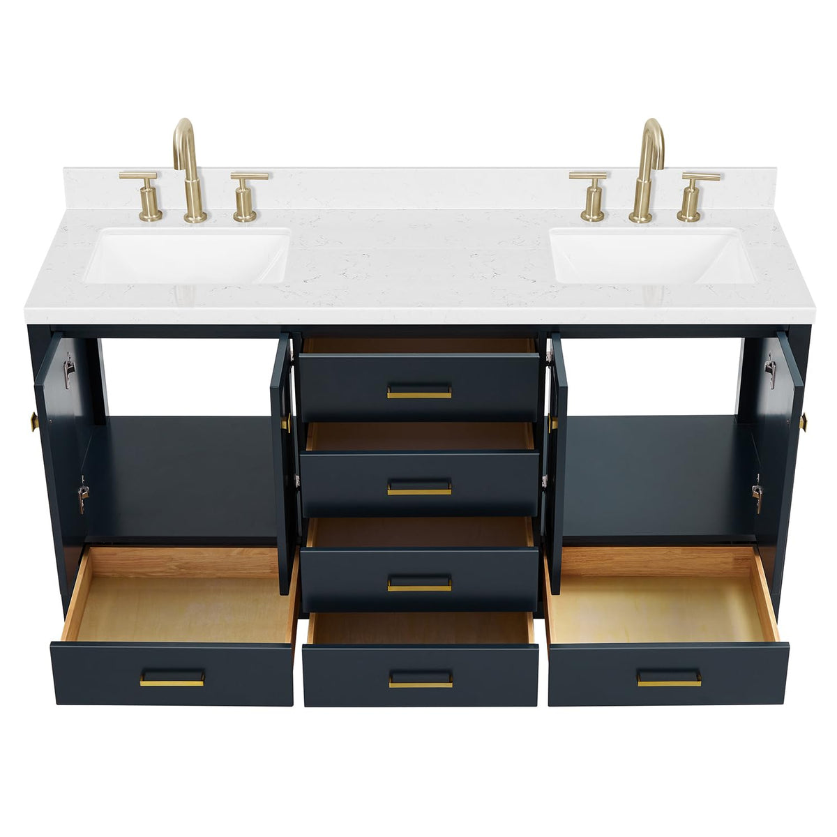 DKB Isabella 66" White Double Bathroom Vanity with 1.5" Carrara Quartz Countertop, Double Rectangular Undermount Sinks, 4 Soft Closing Doors, 6 Dovetail Drawers