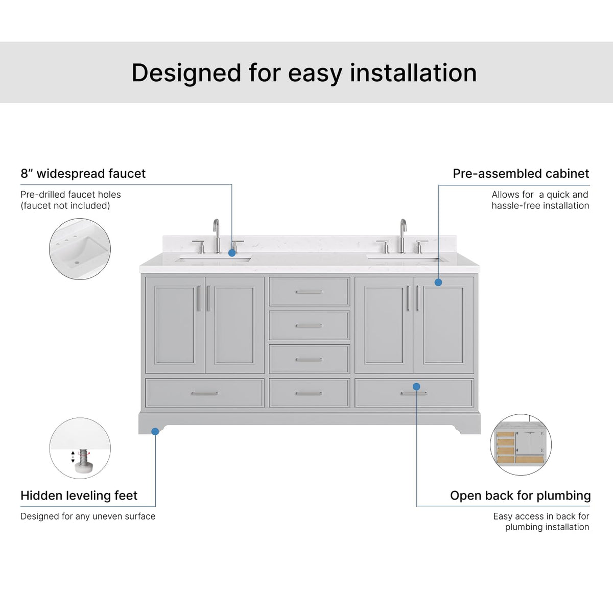 DKB Emilia 72 Inch Bathroom Vanity Double Sink â White Bathroom Vanity with Sink, 1.5" Edge Carrara White Quartz Countertop & Backsplash, 4 Soft-Close Doors, and 6 Dovetail Drawers