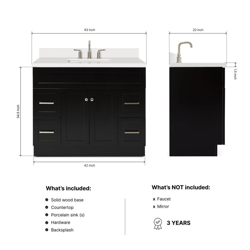 DKB Beckford 42-Inch White Bathroom Vanity with Sink, Solid Wood Base Cabinet, 1.5" White Quartz Countertop, Rectangular Sink, 2 Soft Closing Doors, 9 Drawers