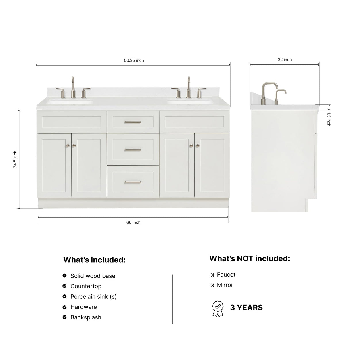 DKB Isabella 66" White Double Bathroom Vanity with 1.5" Carrara Quartz Countertop, Double Rectangular Undermount Sinks, 4 Soft Closing Doors, 6 Dovetail Drawers