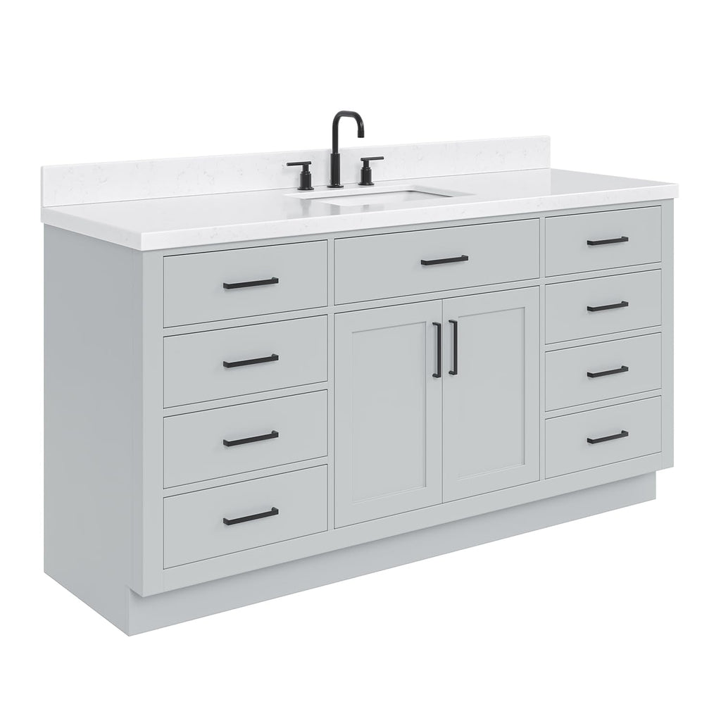 ARIEL Hepburn 66-inch Bathroom Vanity with Sink,Solid Wood, 1.5-inch Pure White Quartz Countertop & Backsplash, Single Rectangular Porcelain Sink, 2 Soft Closing Doors, 9 Dovetail Drawers, White