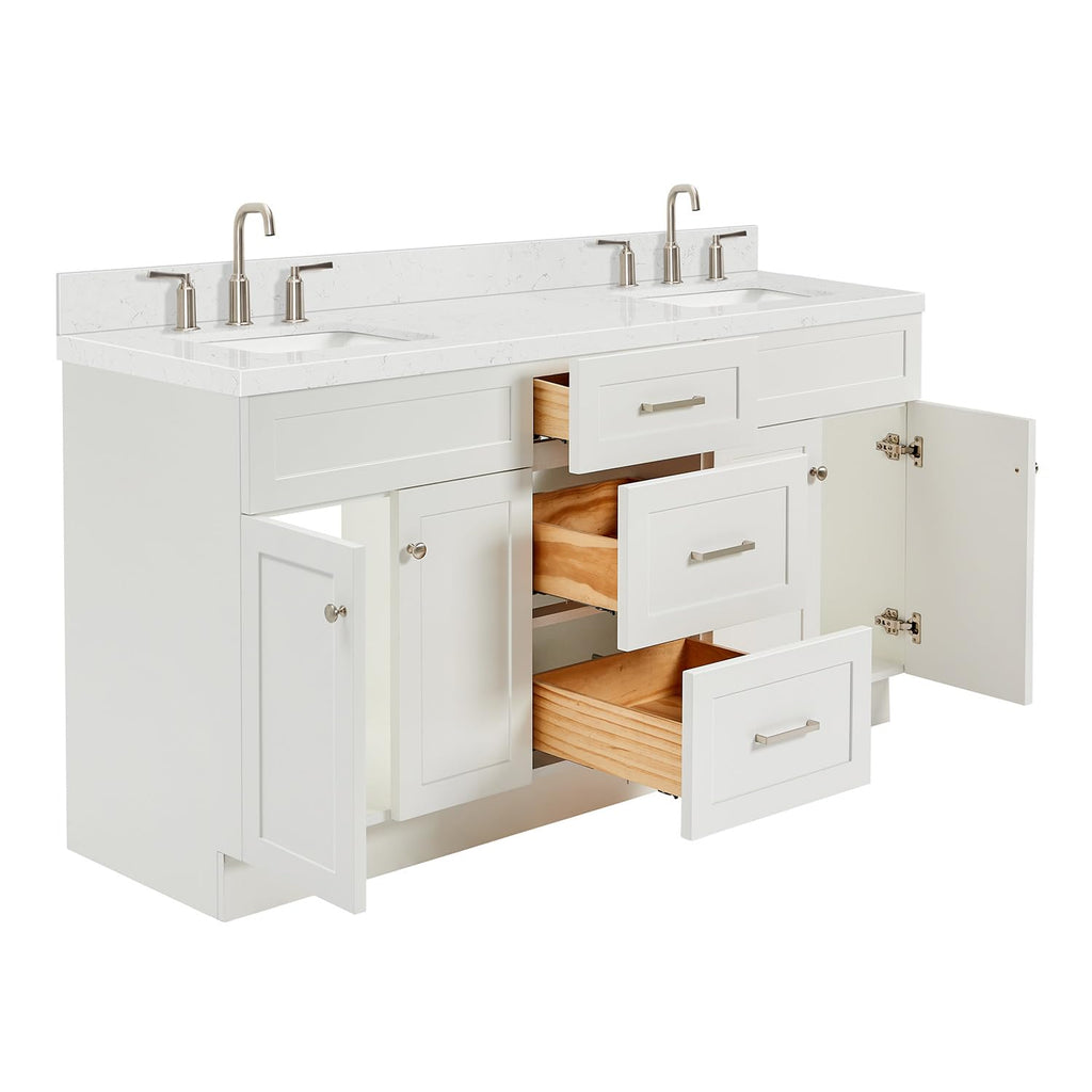 DKB Isabella 66" White Double Bathroom Vanity with 1.5" Carrara Quartz Countertop, Double Rectangular Undermount Sinks, 4 Soft Closing Doors, 6 Dovetail Drawers