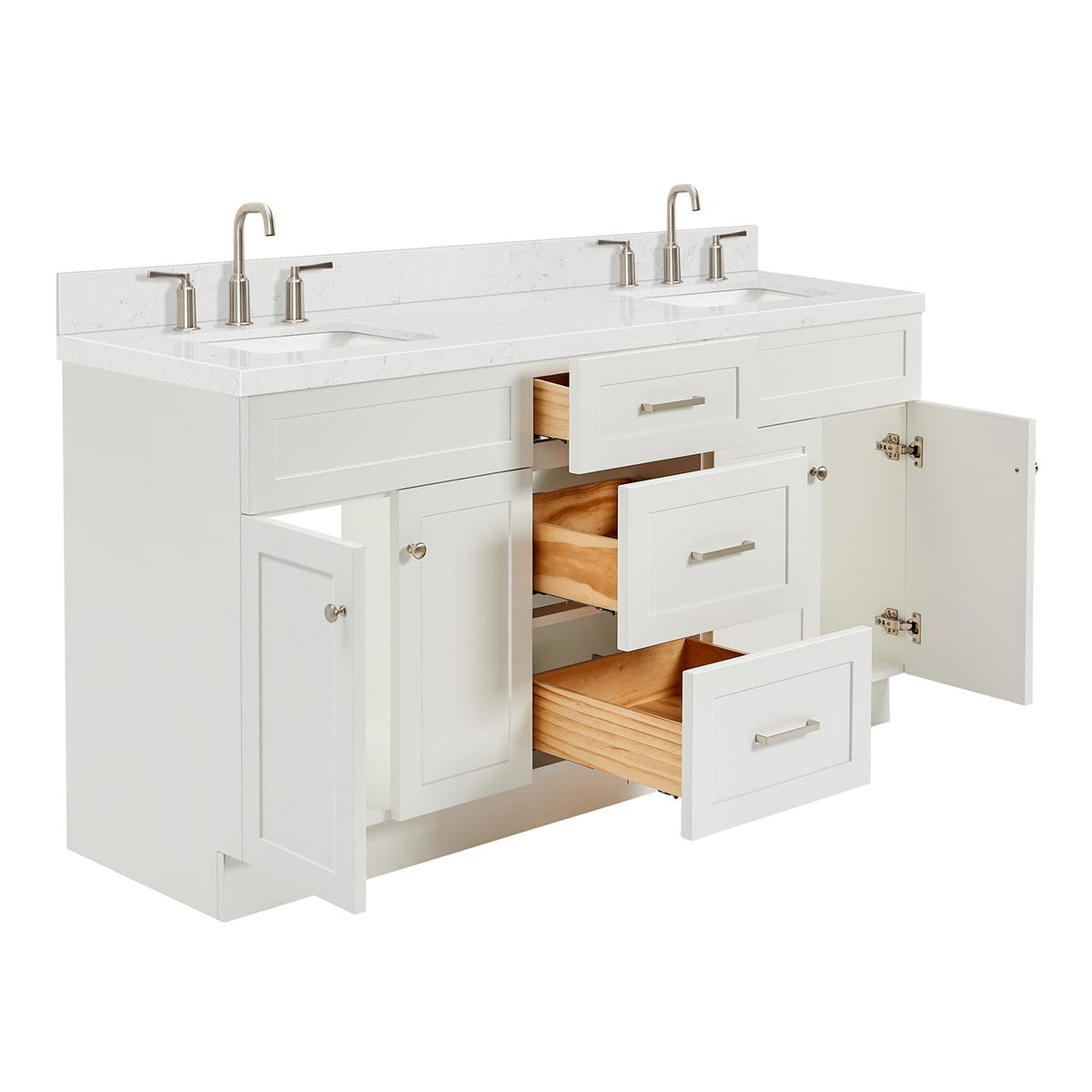 DKB Isabella 66" White Double Bathroom Vanity with 1.5" Carrara Quartz Countertop, Double Rectangular Undermount Sinks, 4 Soft Closing Doors, 6 Dovetail Drawers