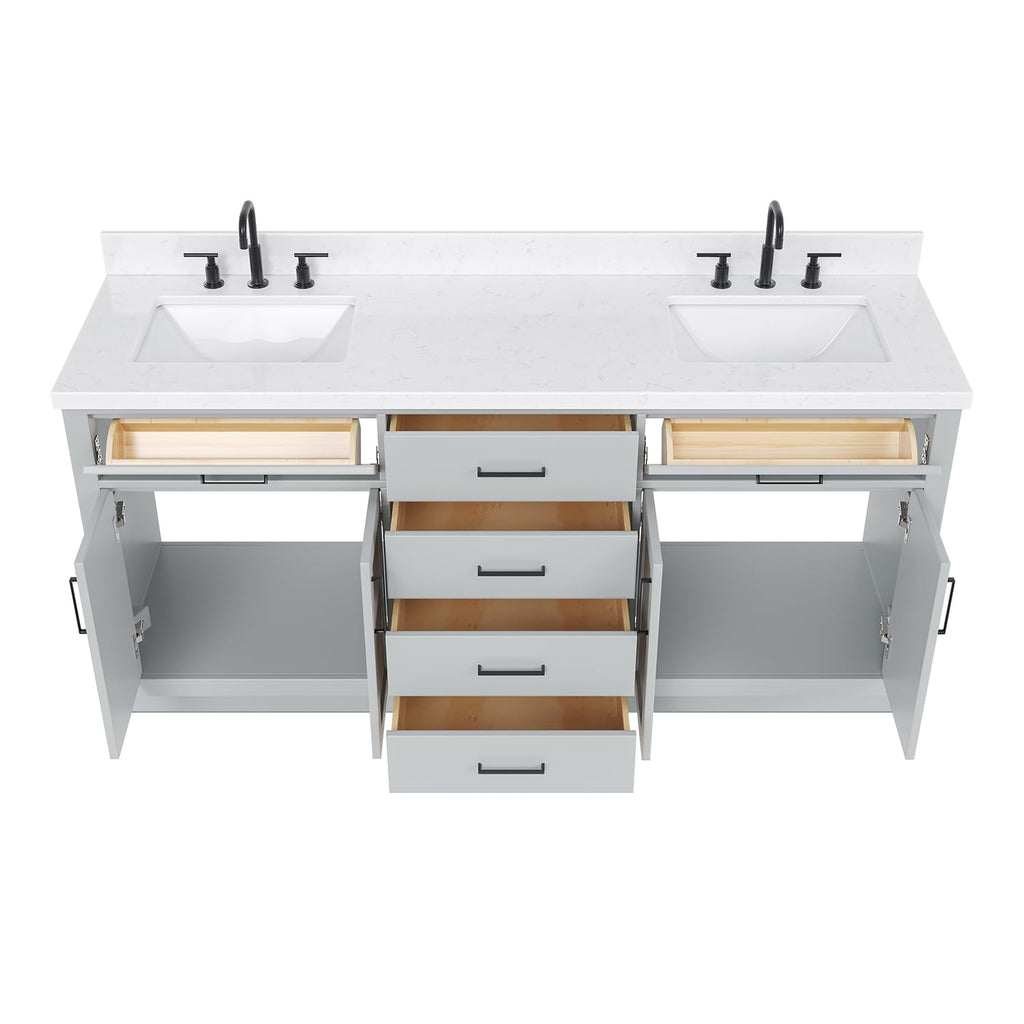 DKB Emilia 72 Inch Bathroom Vanity Double Sink â White Bathroom Vanity with Sink, 1.5" Edge Carrara White Quartz Countertop & Backsplash, 4 Soft-Close Doors, and 6 Dovetail Drawers