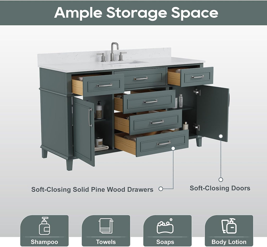 60 Inch Bathroom Vanity with Sink, Fully Assembled, Green