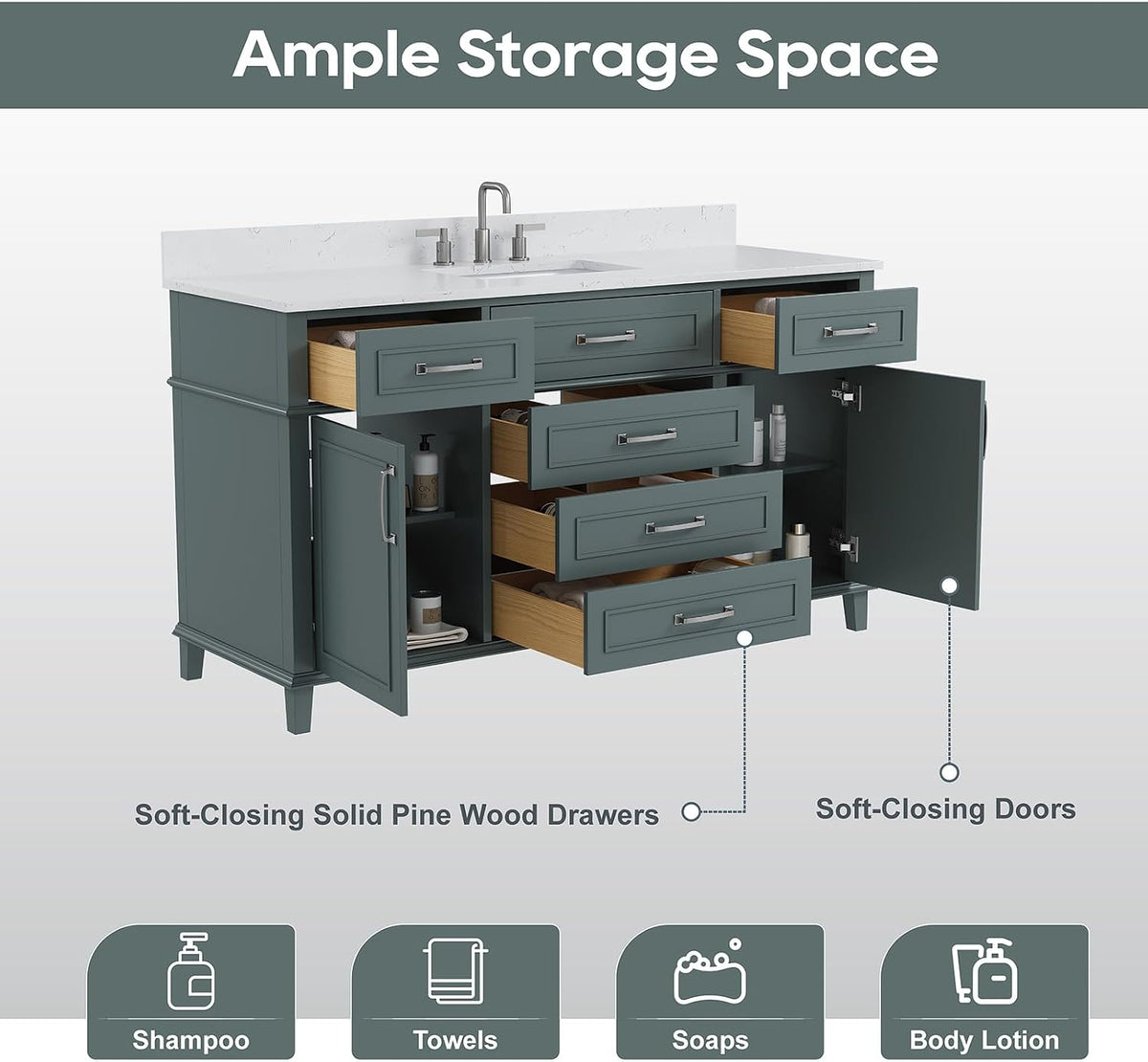 60 Inch Bathroom Vanity with Sink, Fully Assembled, Green
