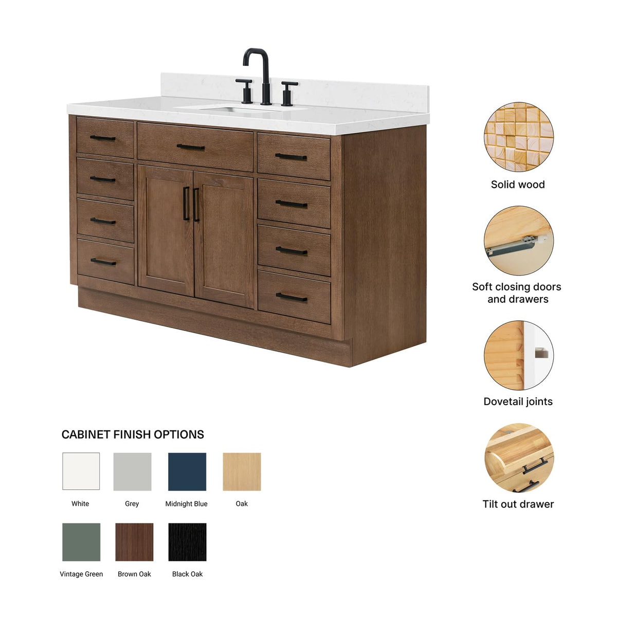 DKB Isabella 60 Inch Bathroom Vanity Single Sink â White Bathroom Vanity with Sink, 1.5" Edge Carrara White Quartz Countertop, Solid Wood, 2 Soft-Close Doors, 8 Dovetail Drawers + Tilt Drawer