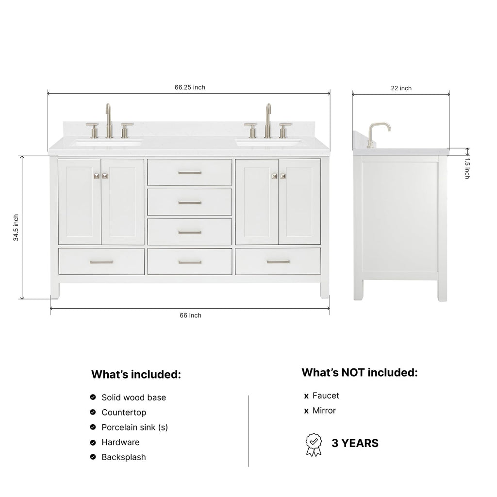 DKB Isabella 66" White Double Bathroom Vanity with 1.5" Carrara Quartz Countertop, Double Rectangular Undermount Sinks, 4 Soft Closing Doors, 6 Dovetail Drawers