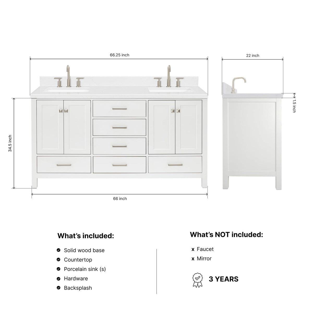 DKB Isabella 66" White Double Bathroom Vanity with 1.5" Carrara Quartz Countertop, Double Rectangular Undermount Sinks, 4 Soft Closing Doors, 6 Dovetail Drawers