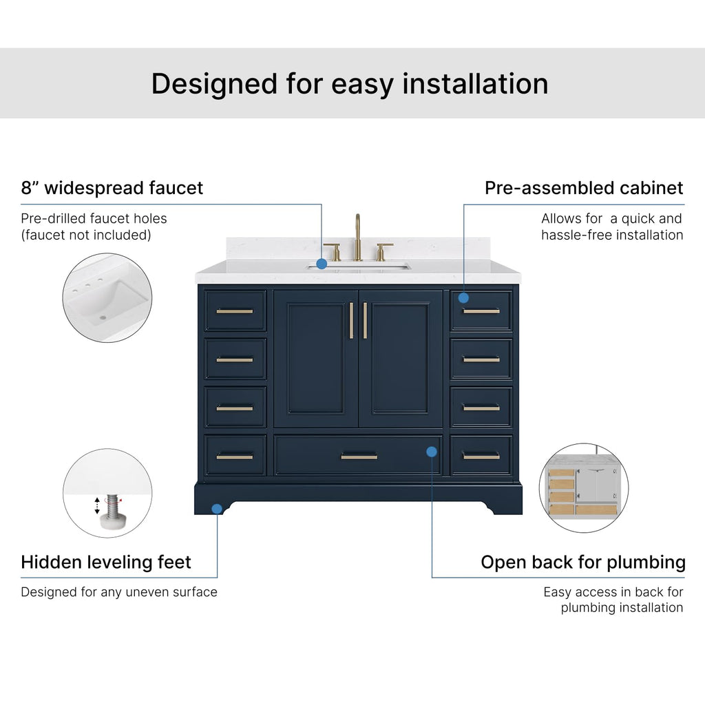 DKB Emilia 48-Inch Bathroom Vanity with Sink â Midnight Blue Single Sink Bathroom Vanity, 1.5" Edge Carrara Quartz Countertop, Solid Wood, 2 Soft Closing Doors, 9 Dovetail Drawers