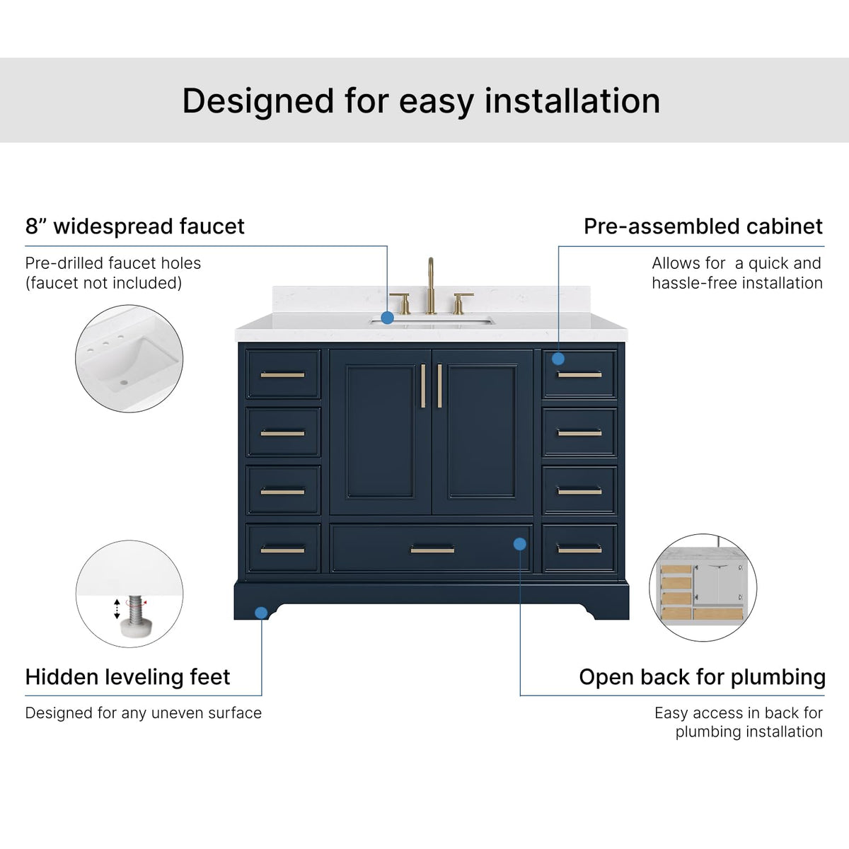 DKB Emilia 48-Inch Bathroom Vanity with Sink â Midnight Blue Single Sink Bathroom Vanity, 1.5" Edge Carrara Quartz Countertop, Solid Wood, 2 Soft Closing Doors, 9 Dovetail Drawers
