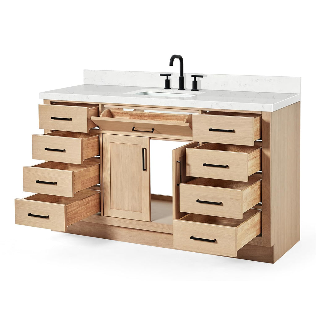 ARIEL Hepburn 60-inch Bathroom Vanity with Sink,Solid Wood, 1.5-inch Carrara White Quartz Countertop & Backsplash, Single Rectangular Porcelain Sink, 2 Soft Closing Doors, 9 Dovetail Drawers, Black