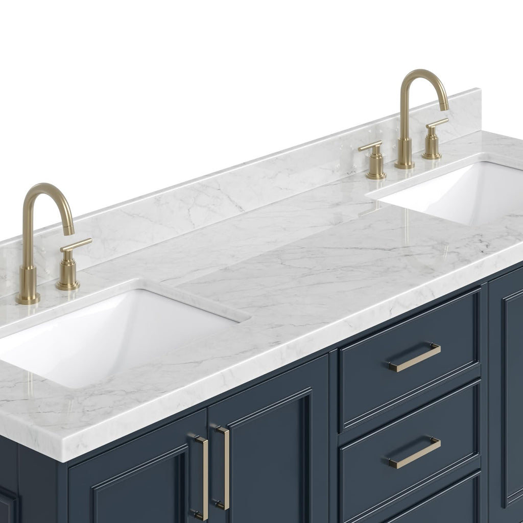 DKB Isabella 72" Oak Double Bathroom Vanity with Sink, 1.5" Carrara White Marble Countertop, Rectangle Undermount Sinks, 4 Soft Closing Doors, 6 Dovetail Drawers