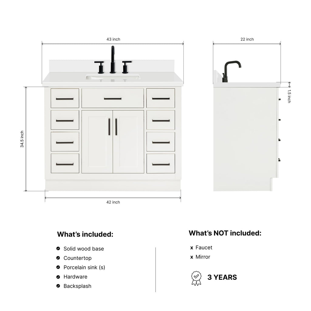 DKB Beckford 42-Inch White Bathroom Vanity with Sink, Solid Wood Base Cabinet, 1.5" White Quartz Countertop, Rectangular Sink, 2 Soft Closing Doors, 9 Drawers