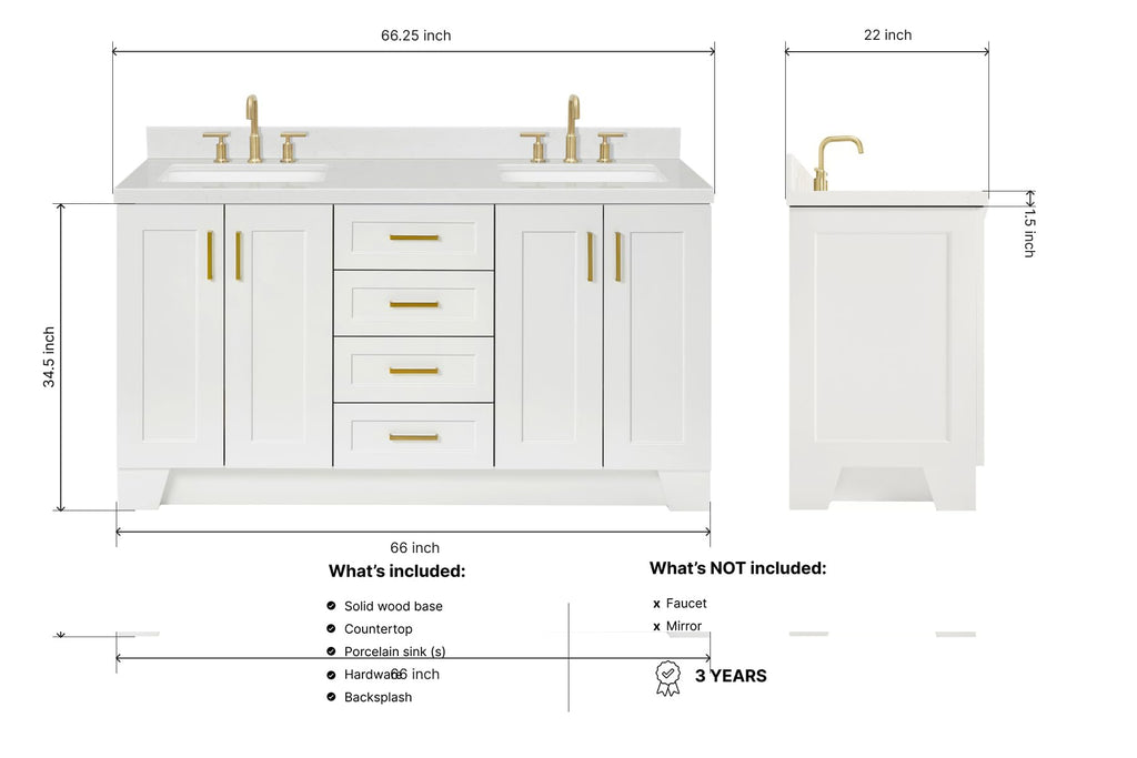 DKB Isabella 66" White Double Bathroom Vanity with 1.5" Carrara Quartz Countertop, Double Rectangular Undermount Sinks, 4 Soft Closing Doors, 6 Dovetail Drawers