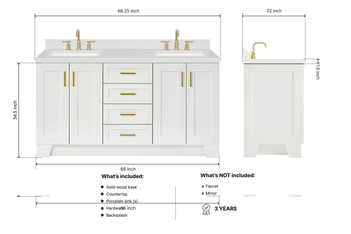 DKB Isabella 66" White Double Bathroom Vanity with 1.5" Carrara Quartz Countertop, Double Rectangular Undermount Sinks, 4 Soft Closing Doors, 6 Dovetail Drawers