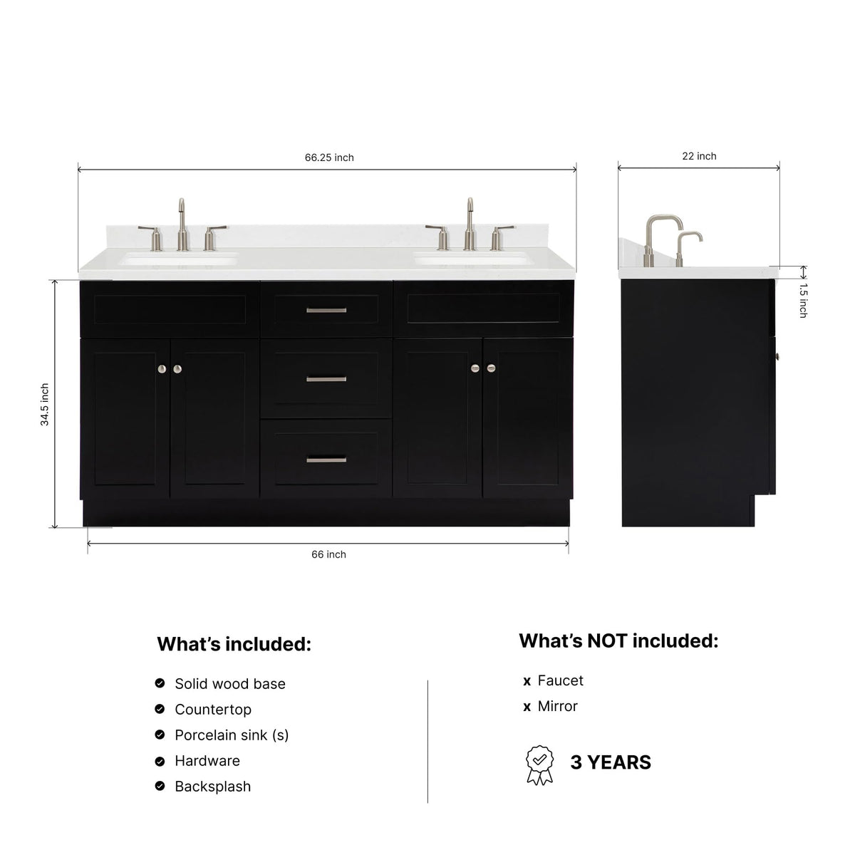 DKB Isabella 66" White Double Bathroom Vanity with 1.5" Carrara Quartz Countertop, Double Rectangular Undermount Sinks, 4 Soft Closing Doors, 6 Dovetail Drawers